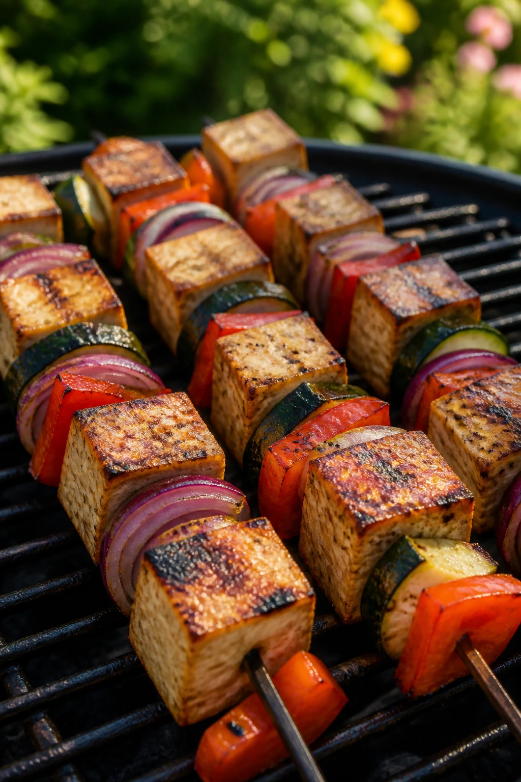 Tofu and veggie skewers on grill grate with peppers and zucchini