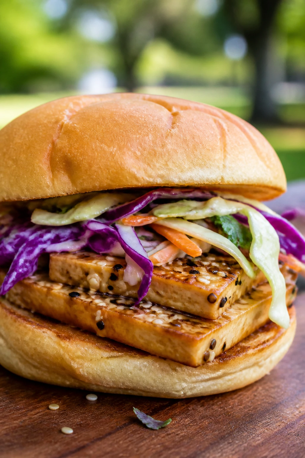 Close-up of sesame tofu and cabbage slaw sandwich on wooden board