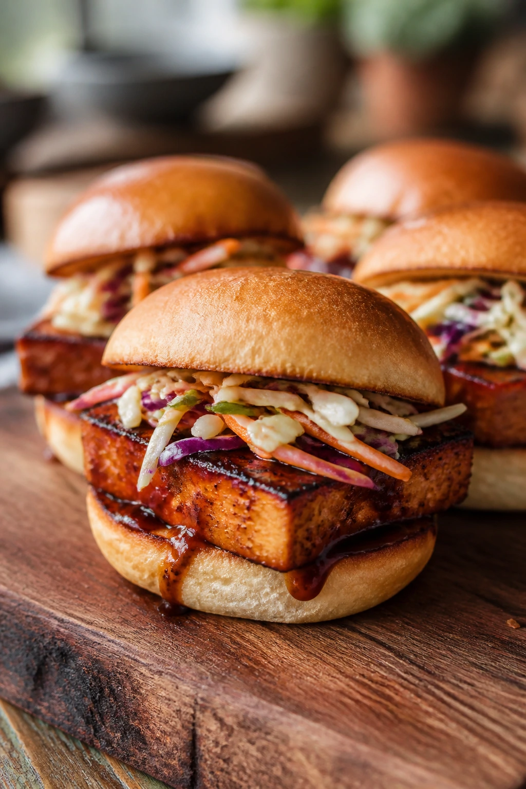 Close-up of crispy tofu sliders with smoky paprika sauce on a wooden board