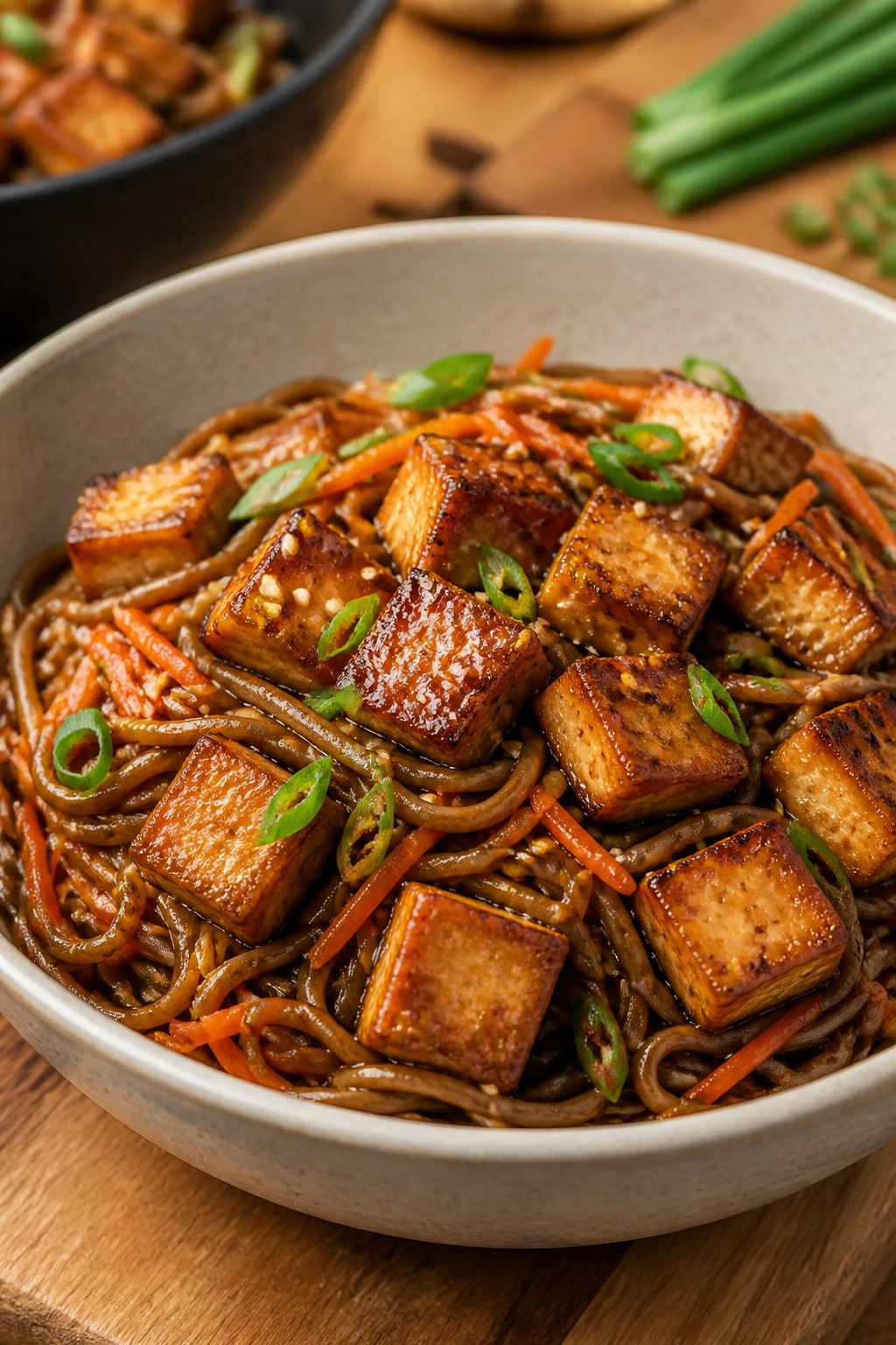 Tofu and soba in teriyaki glaze with carrots and scallions in a bowl
