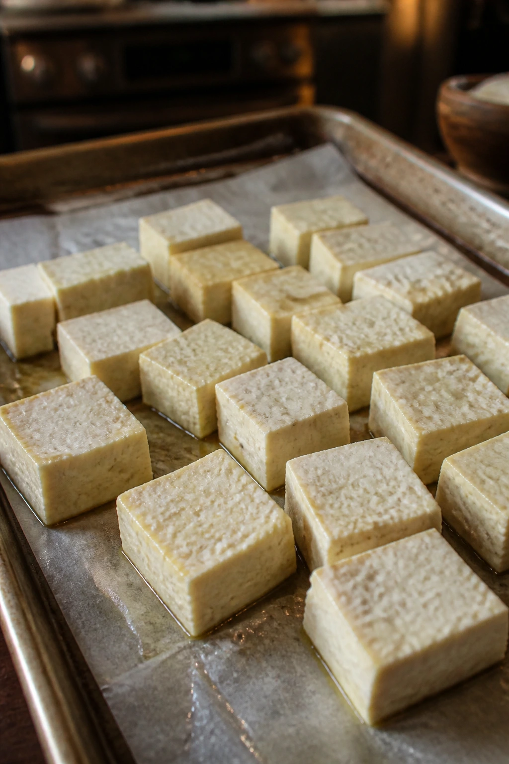 Tofu cubes on a sheet pan showing pale, soggy edges in a warm kitchen