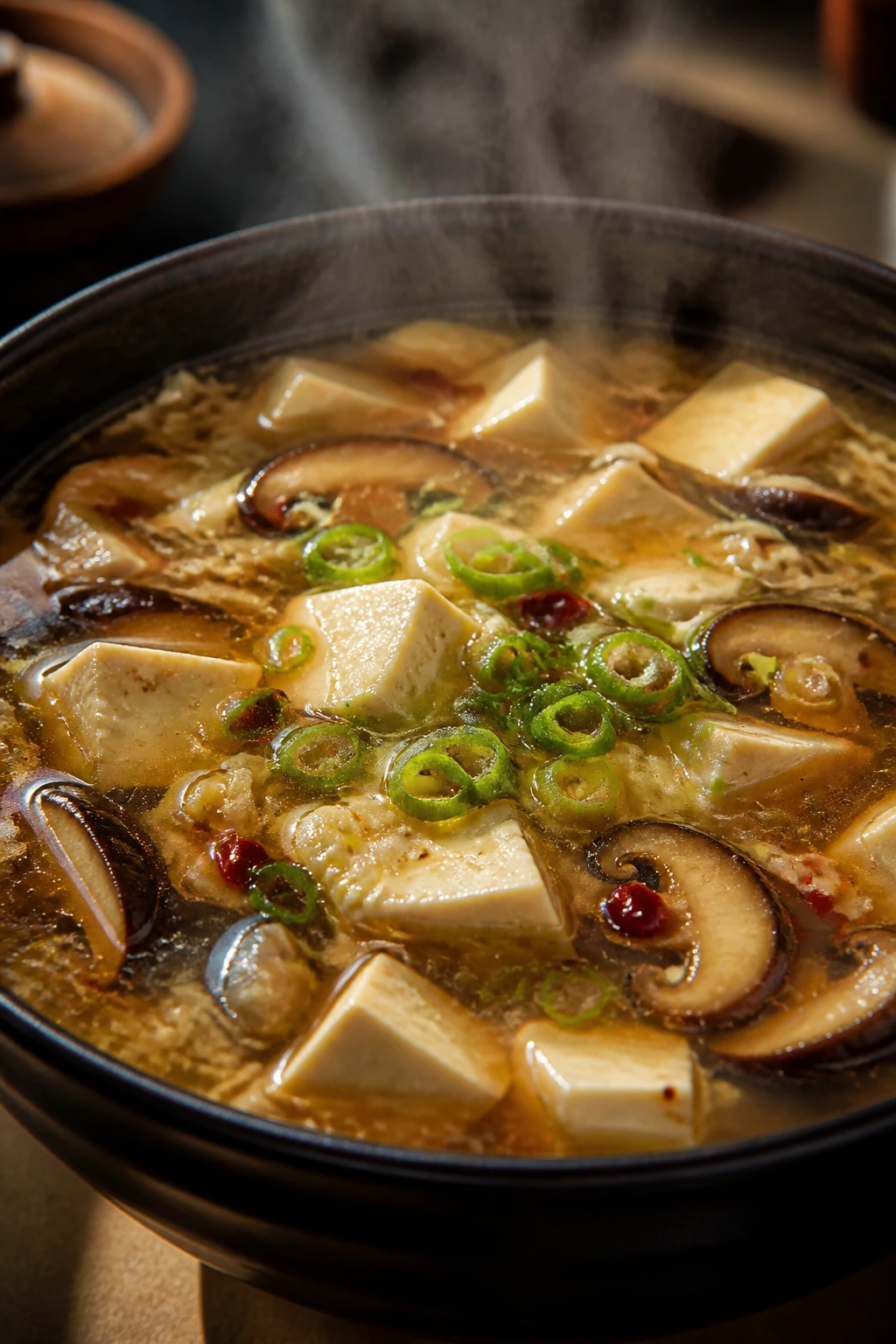 Steaming bowl of hot and sour tofu soup with tofu and mushrooms.