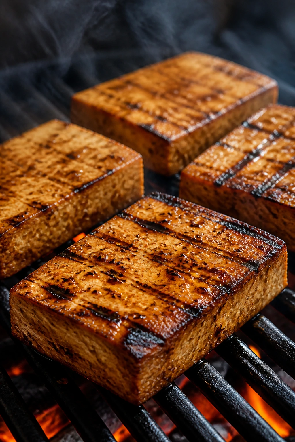 Tofu steaks grilled to golden brown with a caramelized crust
