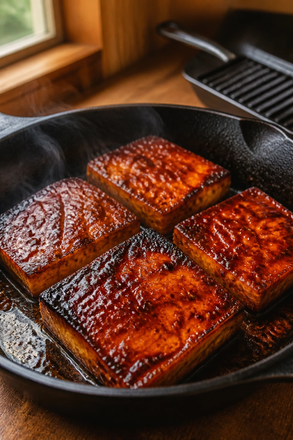 Close-up of glazed tofu steaks in a skillet with a glossy maple BBQ glaze.
