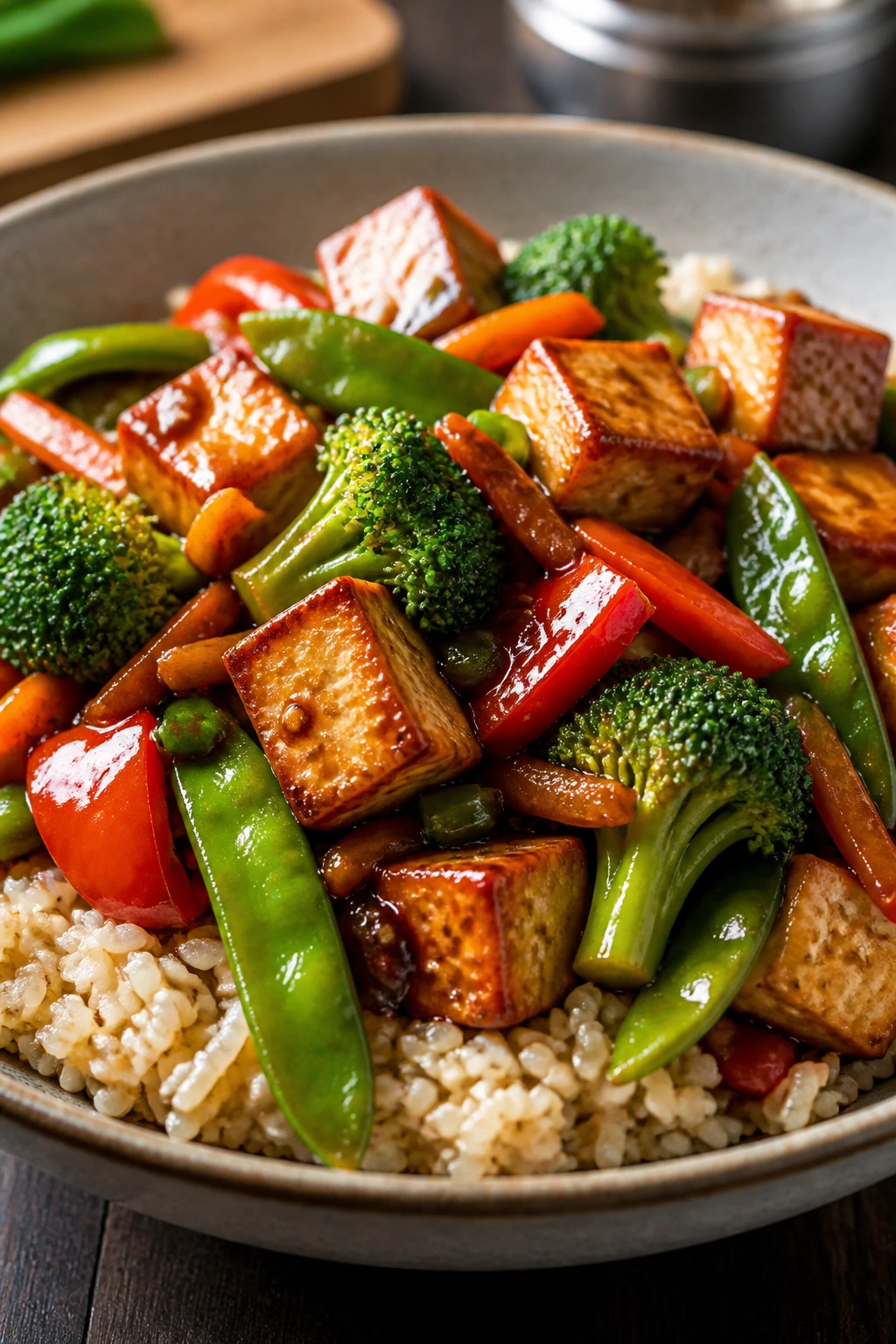 Close-up of veggie and tofu stir-fry with brown rice in a bowl