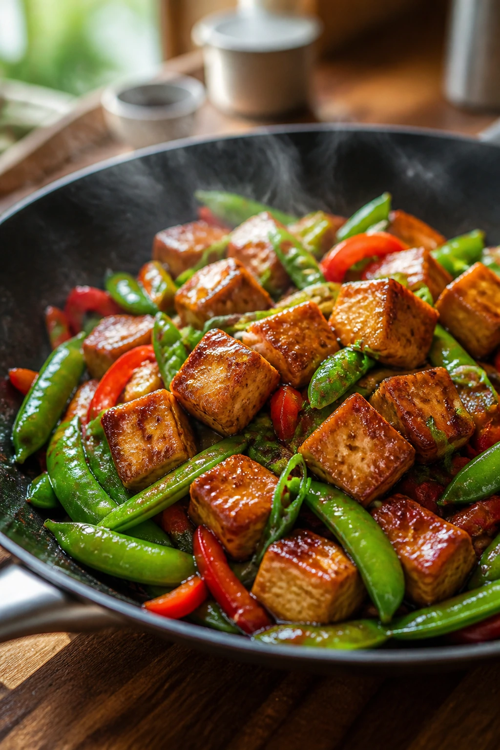 Close-up of crisp tofu cubes with glossy hot honey glaze and bright snap peas in a skillet