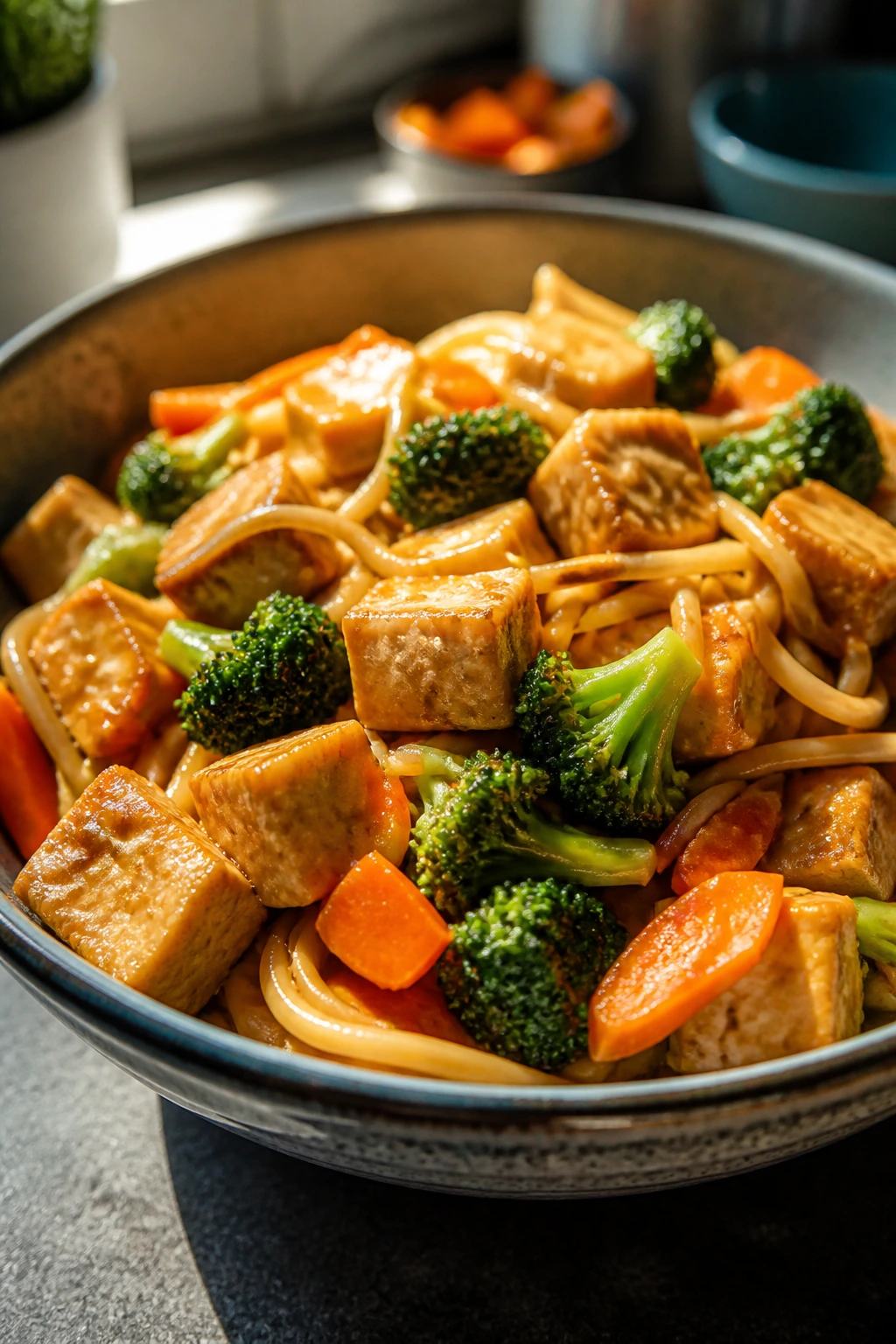 Close-up of tofu stir-fry noodle bowl with broccoli and carrots