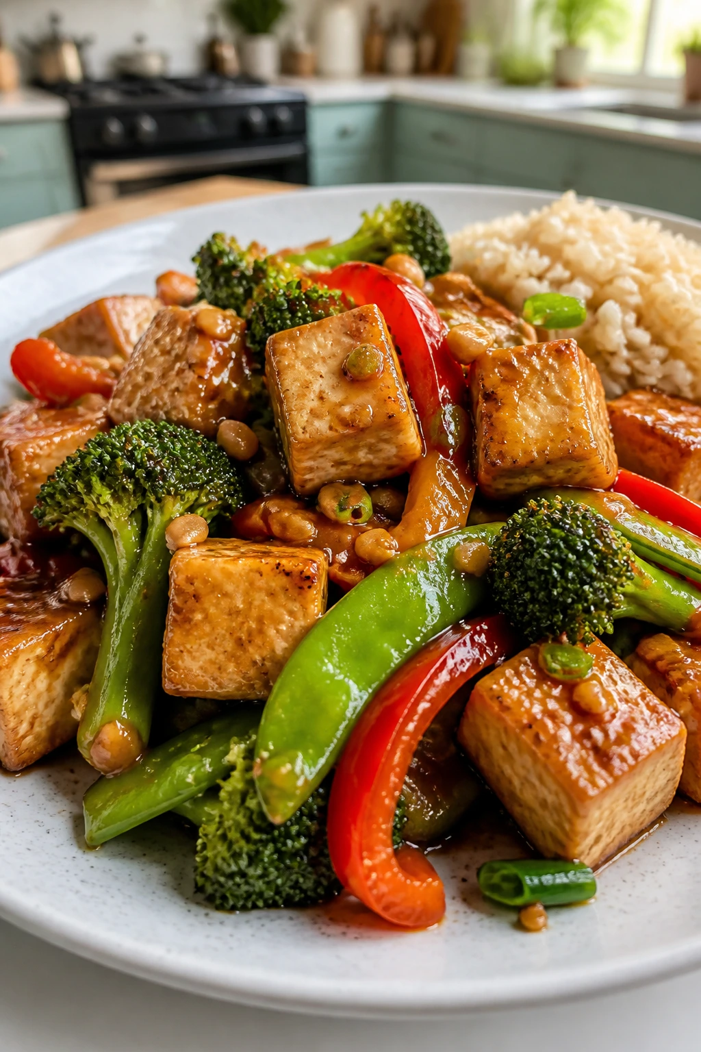 Close-up of tofu stir-fry with crisp vegetables and glossy peanut sauce
