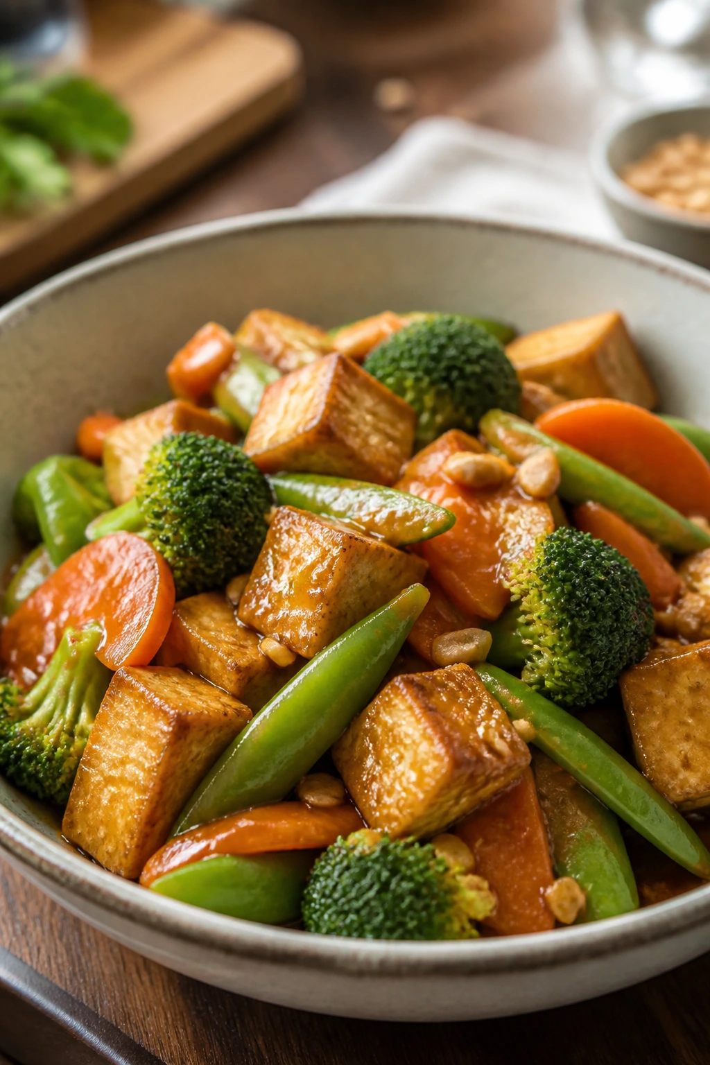 Crispy tofu and vegetables in peanut sauce in a bowl