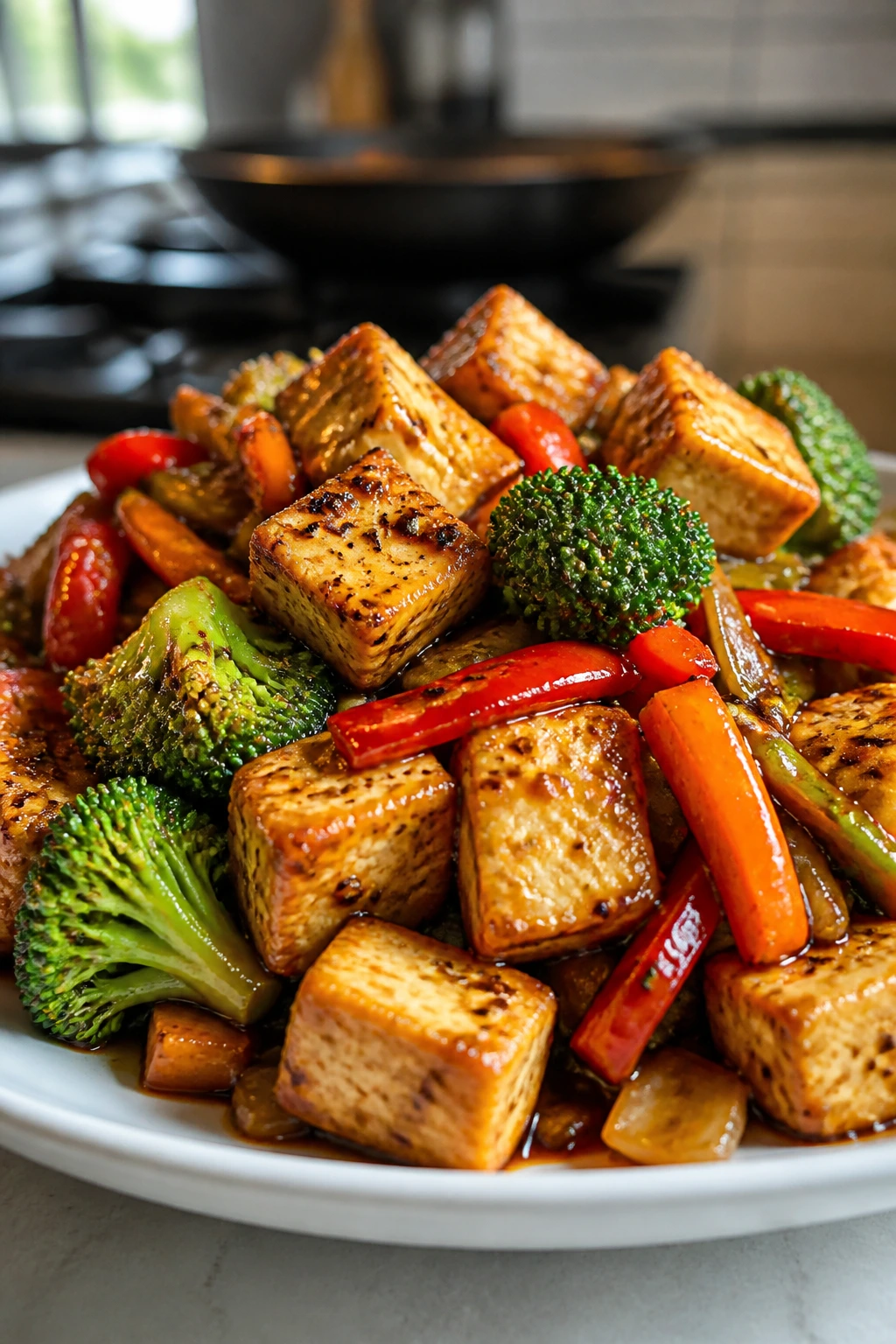 Close-up of crisp tofu and colorful vegetables stir-fry on a plate