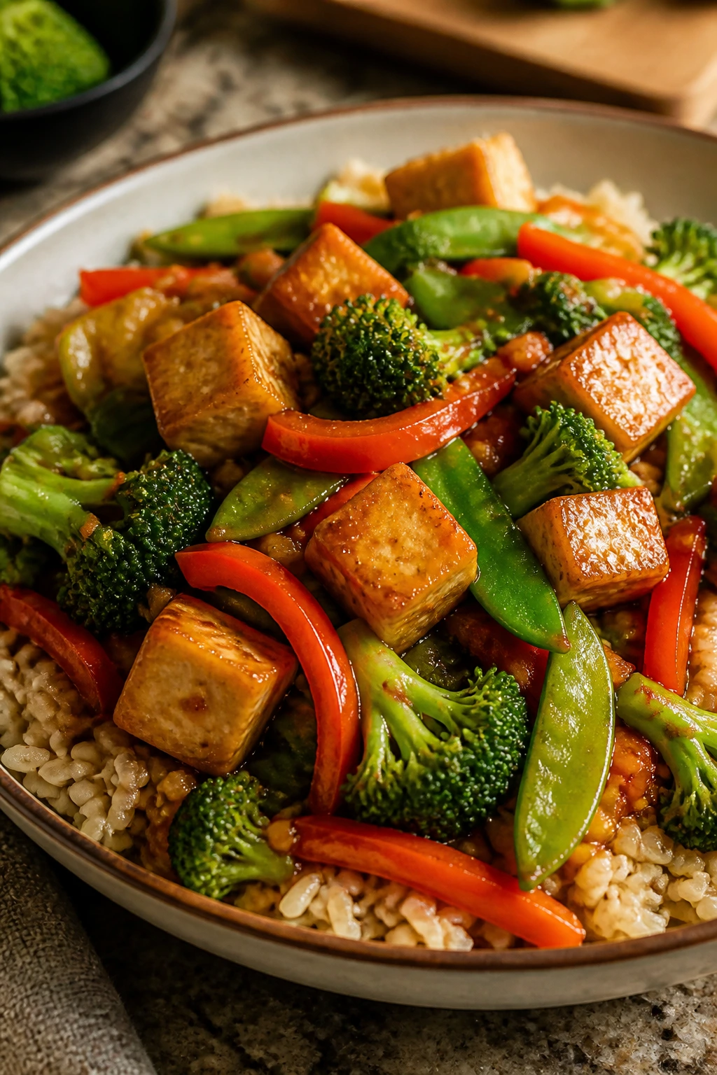 Colorful tofu stir-fry with broccoli and peppers over brown rice