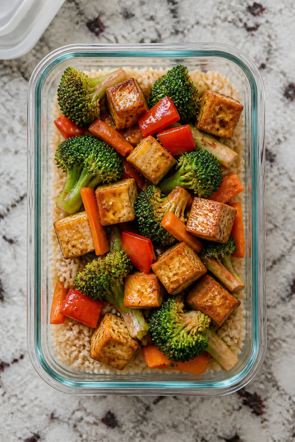 Top-down view of a tofu stir-fry with broccoli and peppers over brown rice in a lunchbox