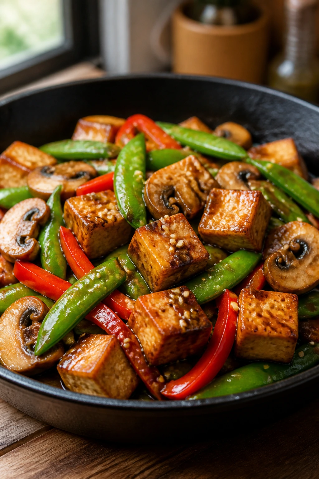 Close-up of ginger sesame tofu stir-fry with snap peas in a skillet