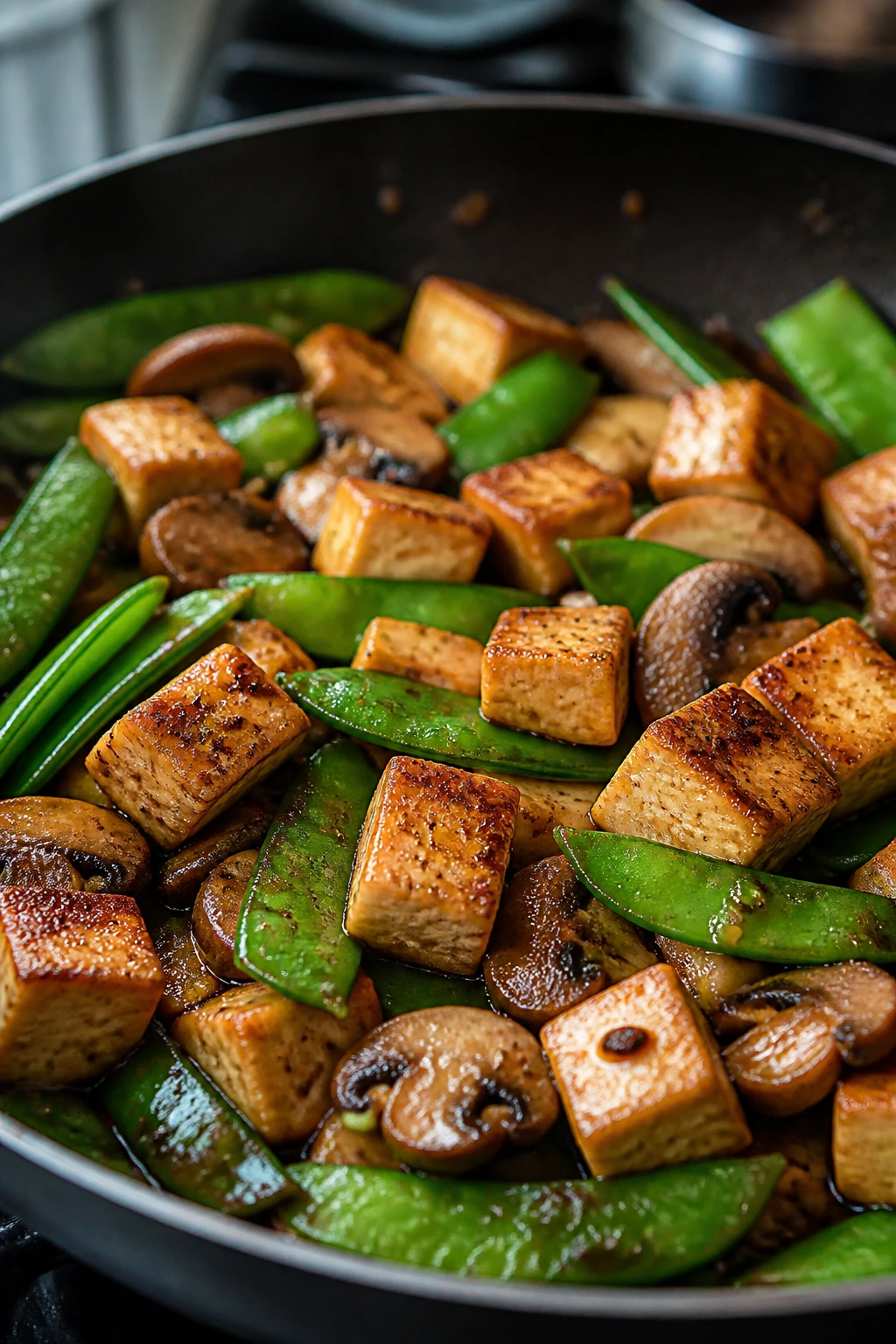 Close-up of tofu stir-fry with snow peas and mushrooms