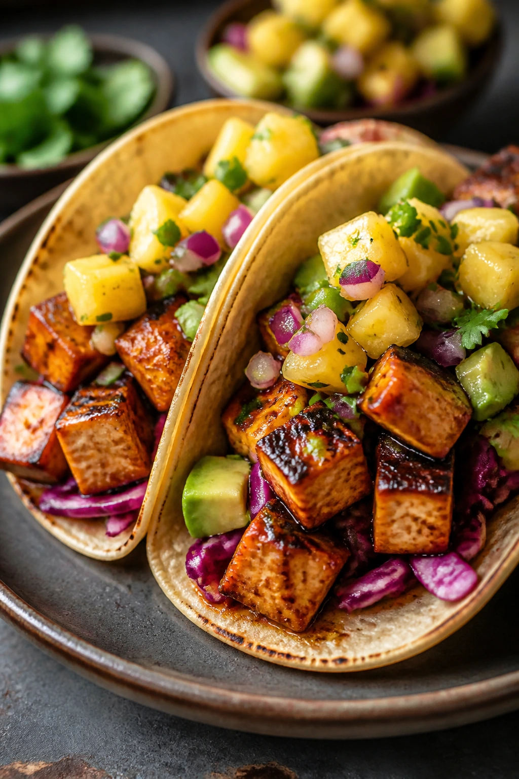 Tofu tacos with pineapple salsa on a plate