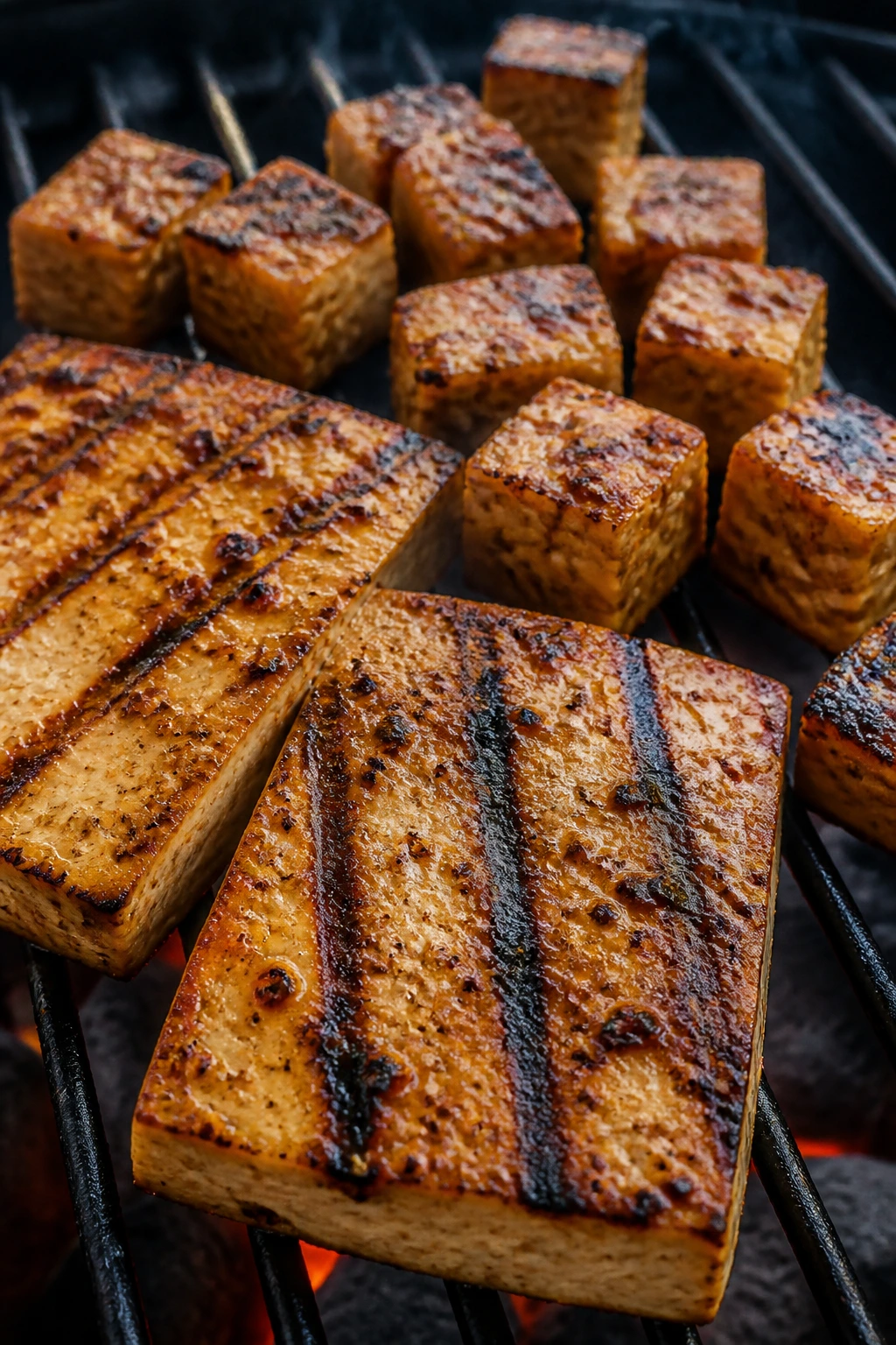 Tofu and tempeh browning on a grill with strong sear marks