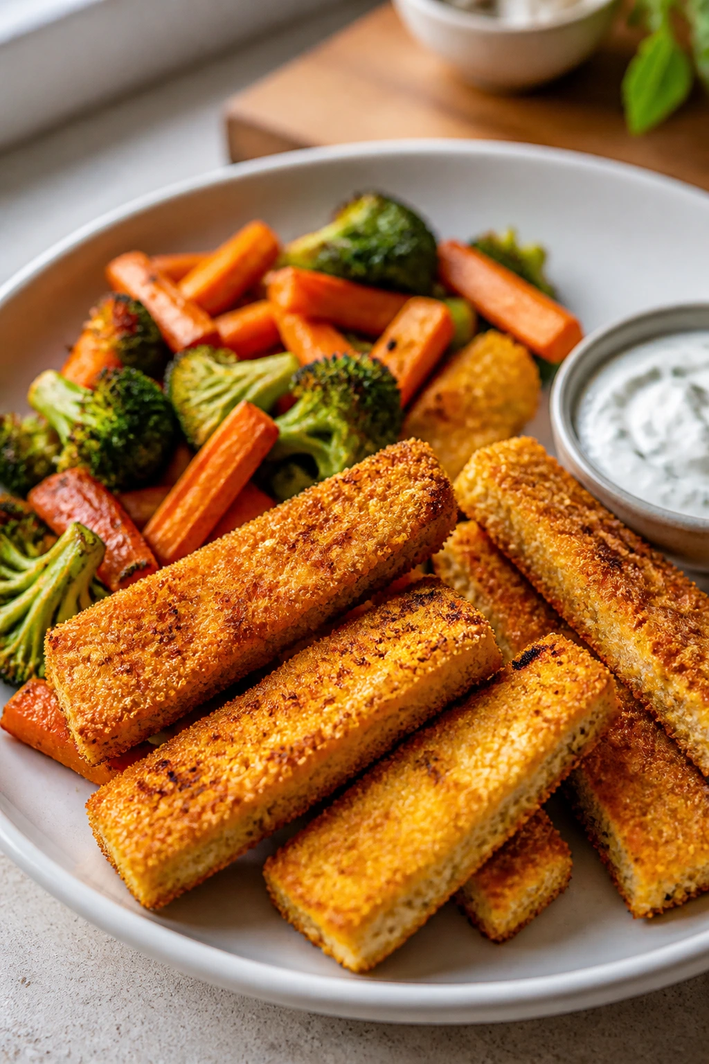 Close-up of crispy tofu tenders with roasted vegetables and yogurt dip