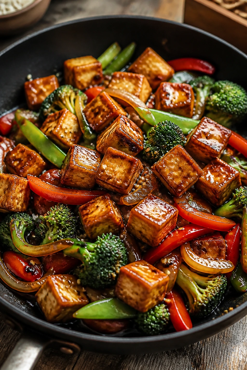 Crispy tofu cubes with teriyaki glaze in a skillet