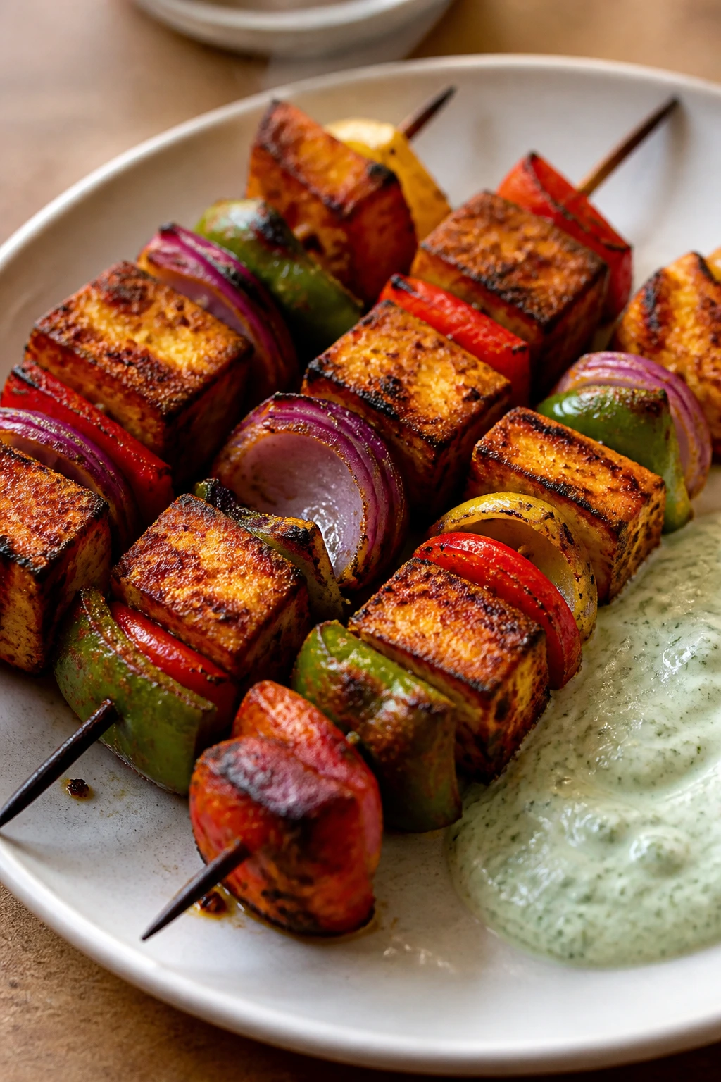 Close-up of tofu tikka kebabs with cucumber mint sauce