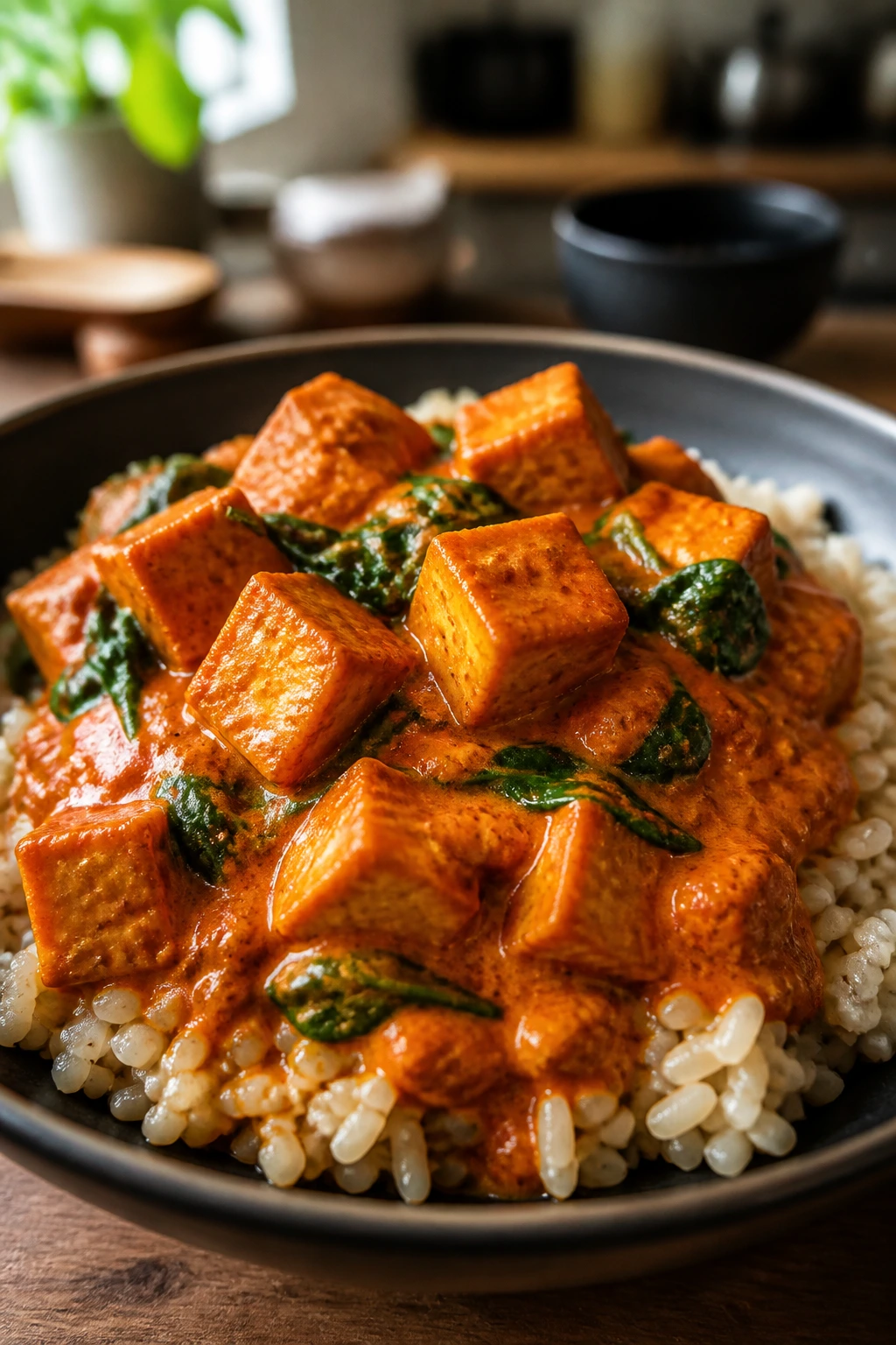 Tofu tikka masala with brown rice in a bowl