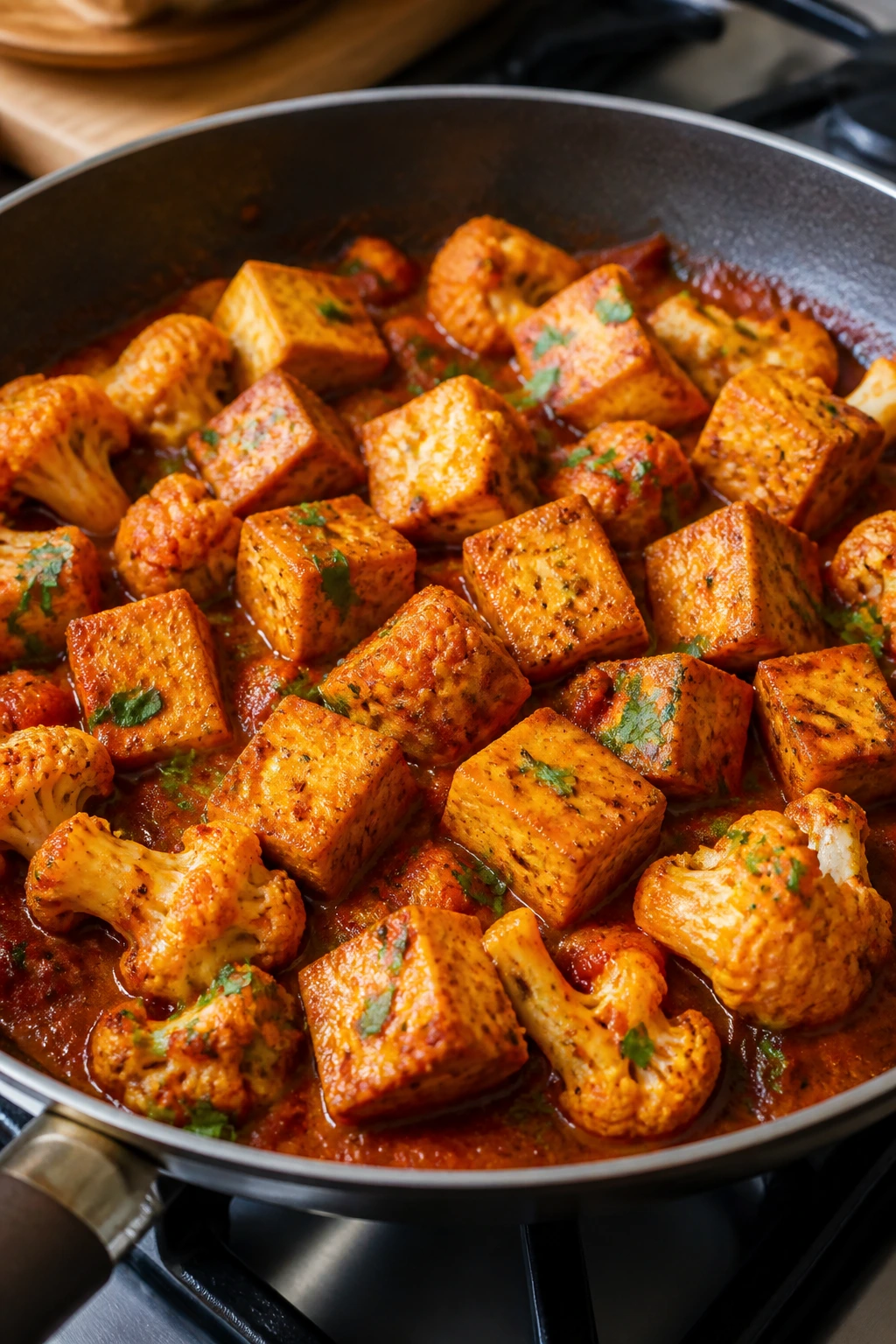 Tofu tikka in a skillet with cauliflower in a red sauce
