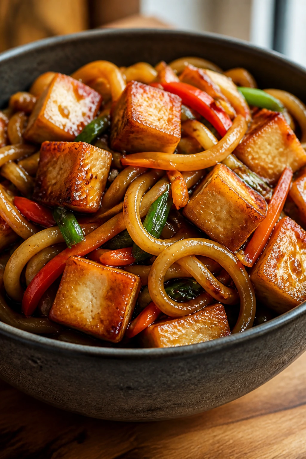 Crispy tofu udon stir-fry in a white bowl with soy-ginger glaze