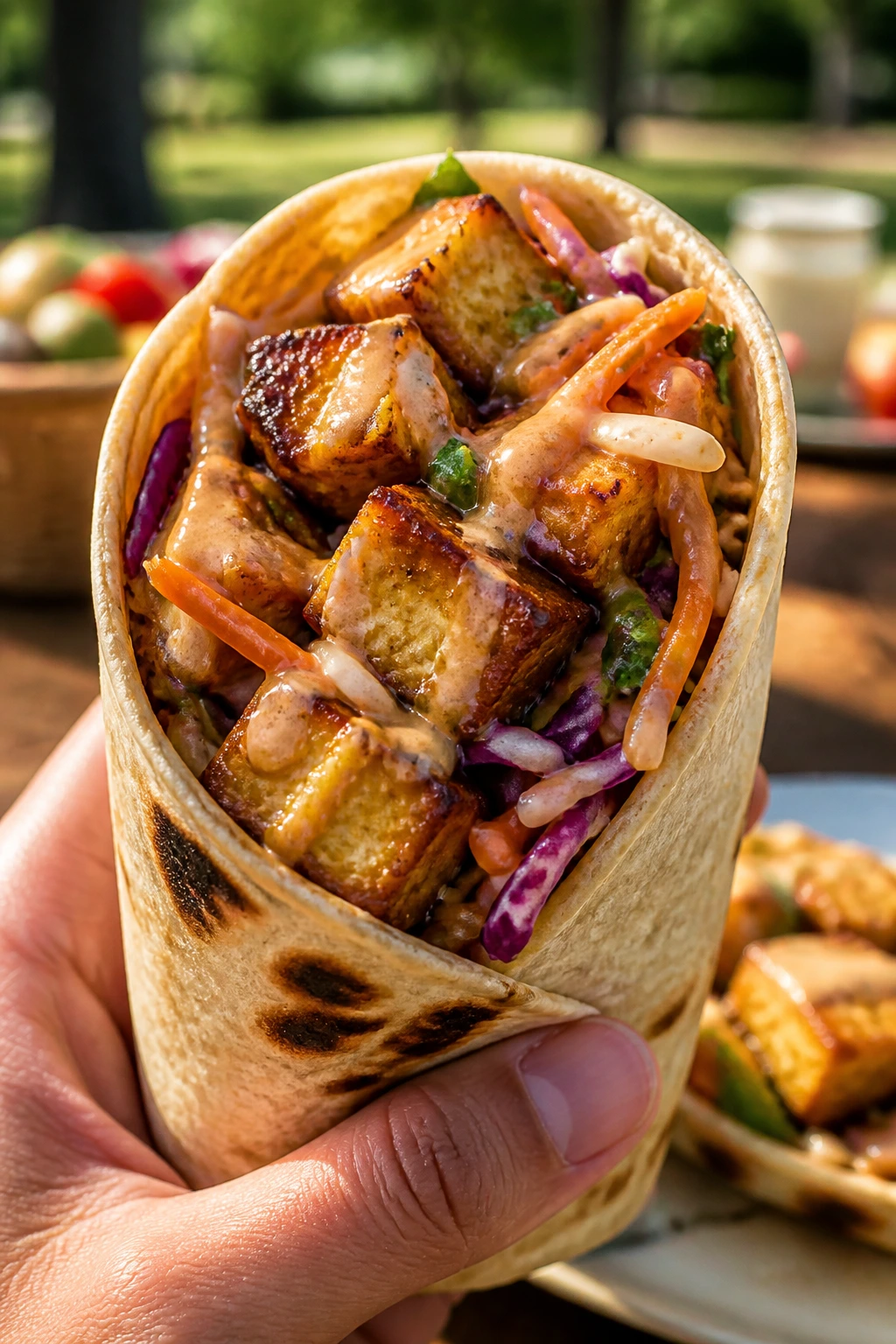 Close-up of Crispy Tofu Peanut Slaw Wraps showing crispy tofu and slaw for picnic