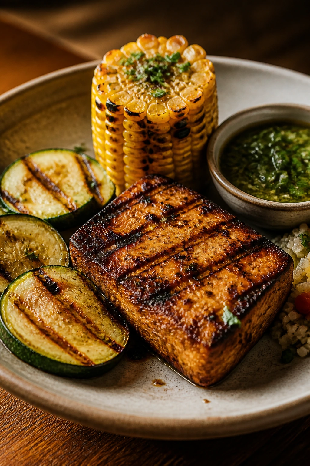 Plate of quick weeknight vegetarian BBQ with tofu, zucchini, and corn.