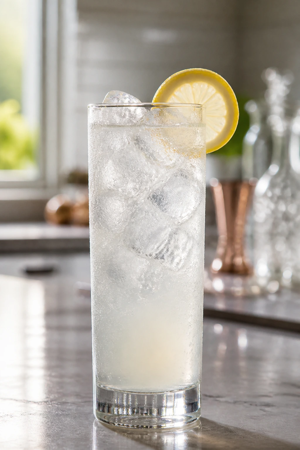 Collins glass with Tom Collins, lemon wheel, condensation