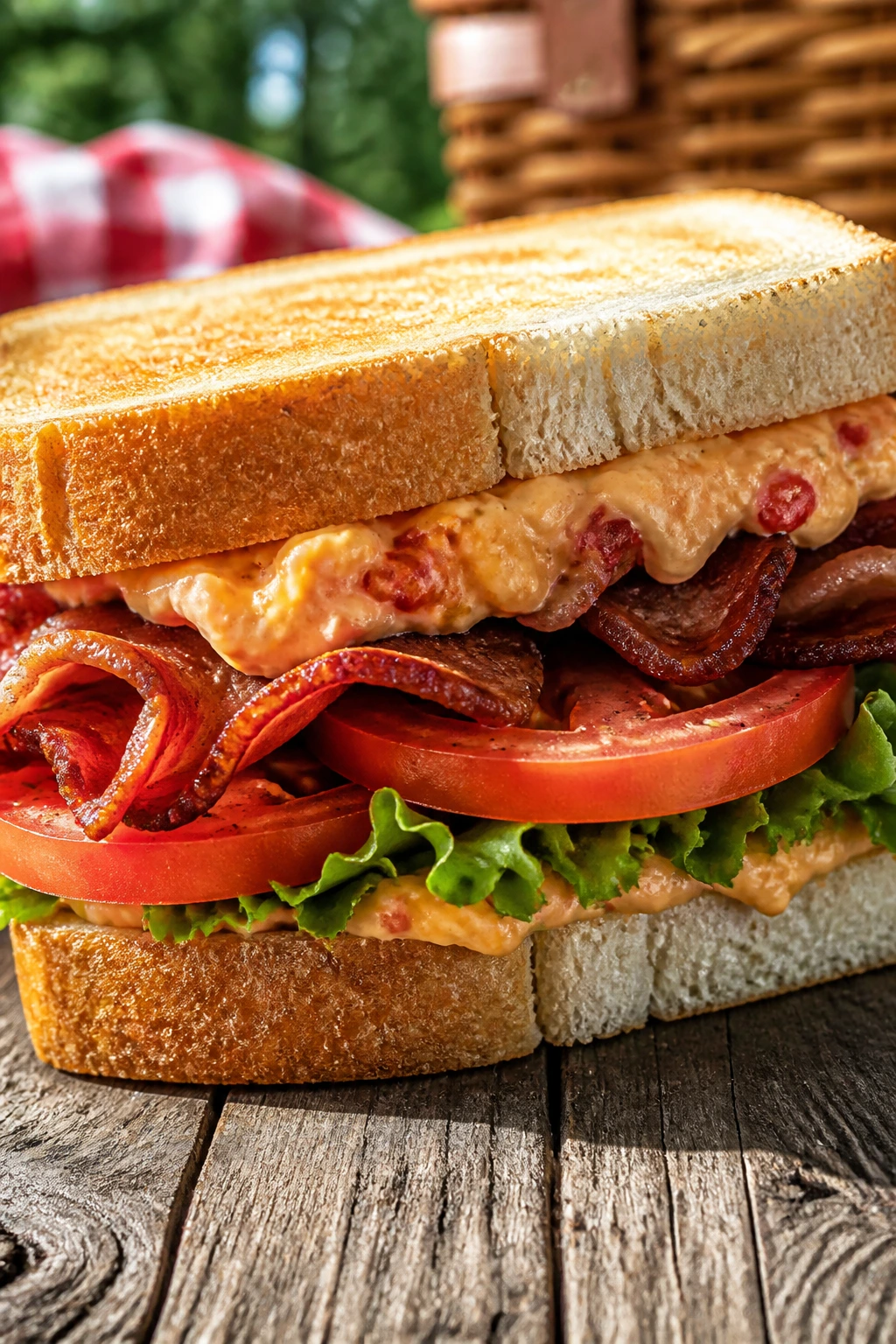Close-up of Tomato Bacon Pimento Cheese Sandwich on rustic picnic table