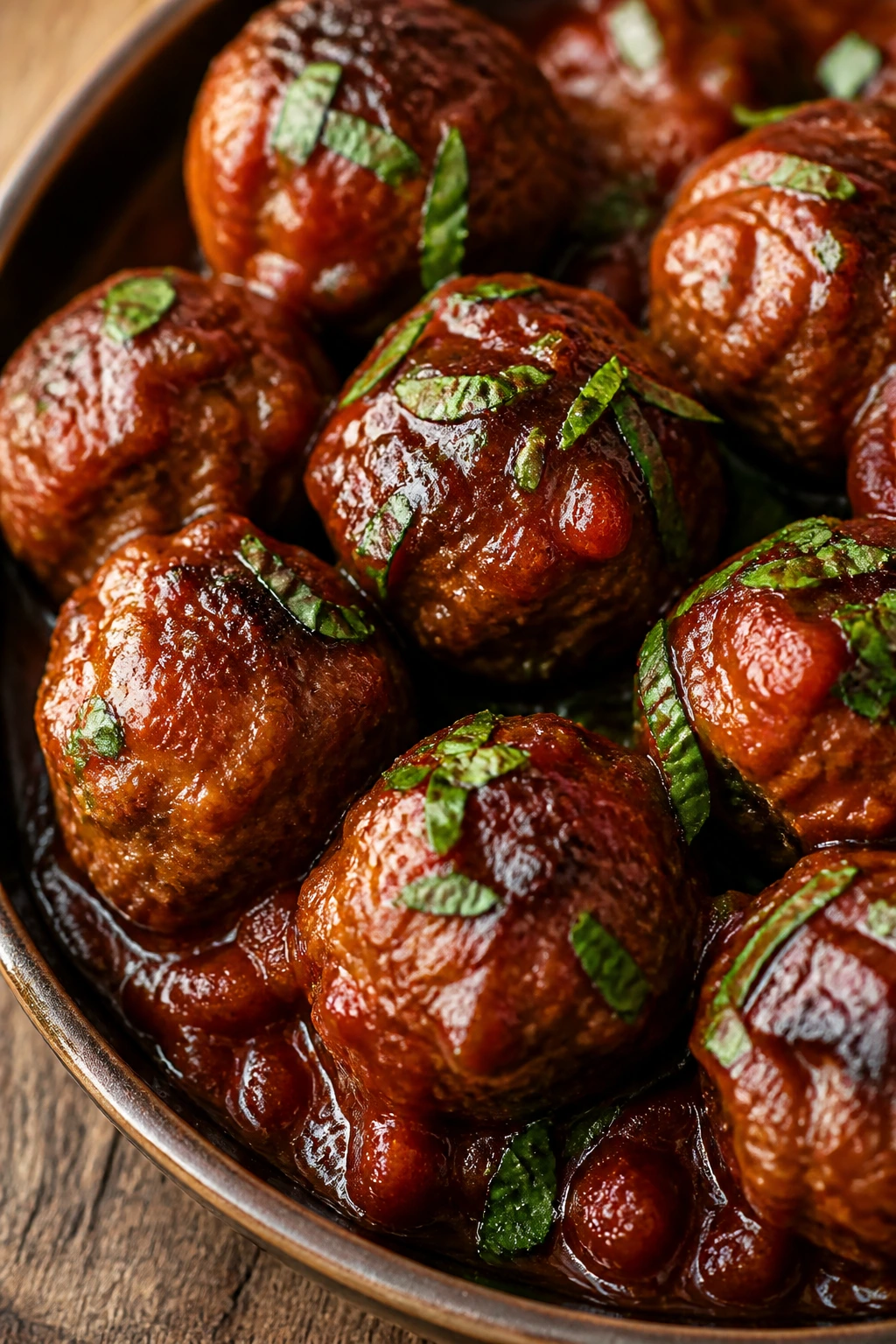 Meatballs in tomato basil balsamic glaze with fresh basil