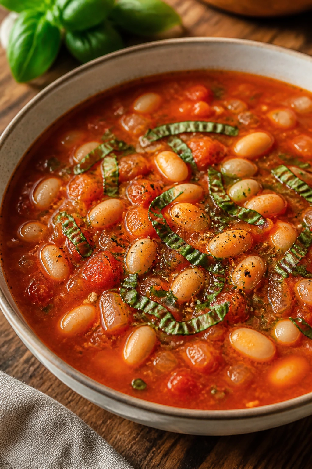 Bright tomato-basil bean soup with basil on top