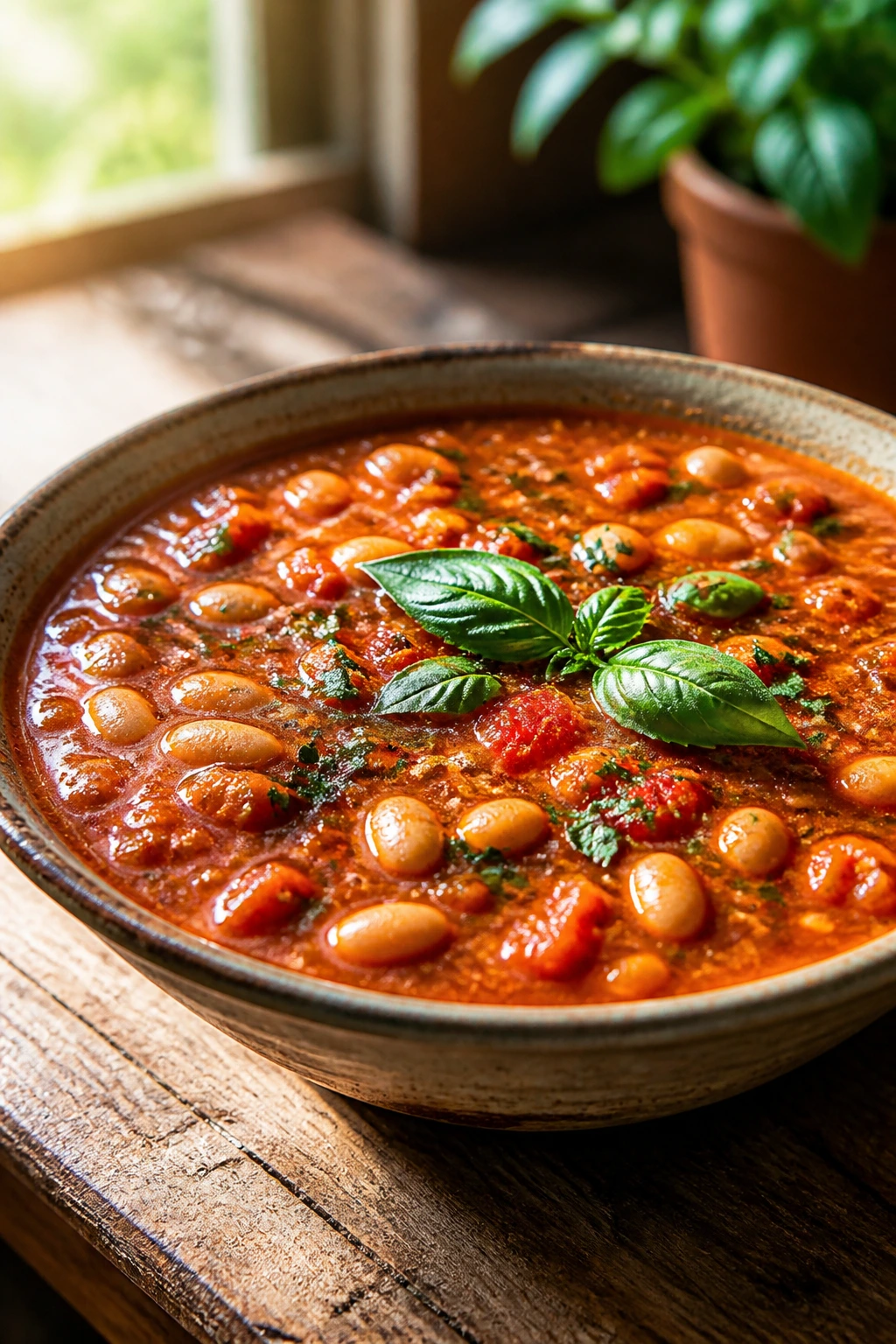 Close-up tomato basil bean soup with basil garnish in a rustic bowl