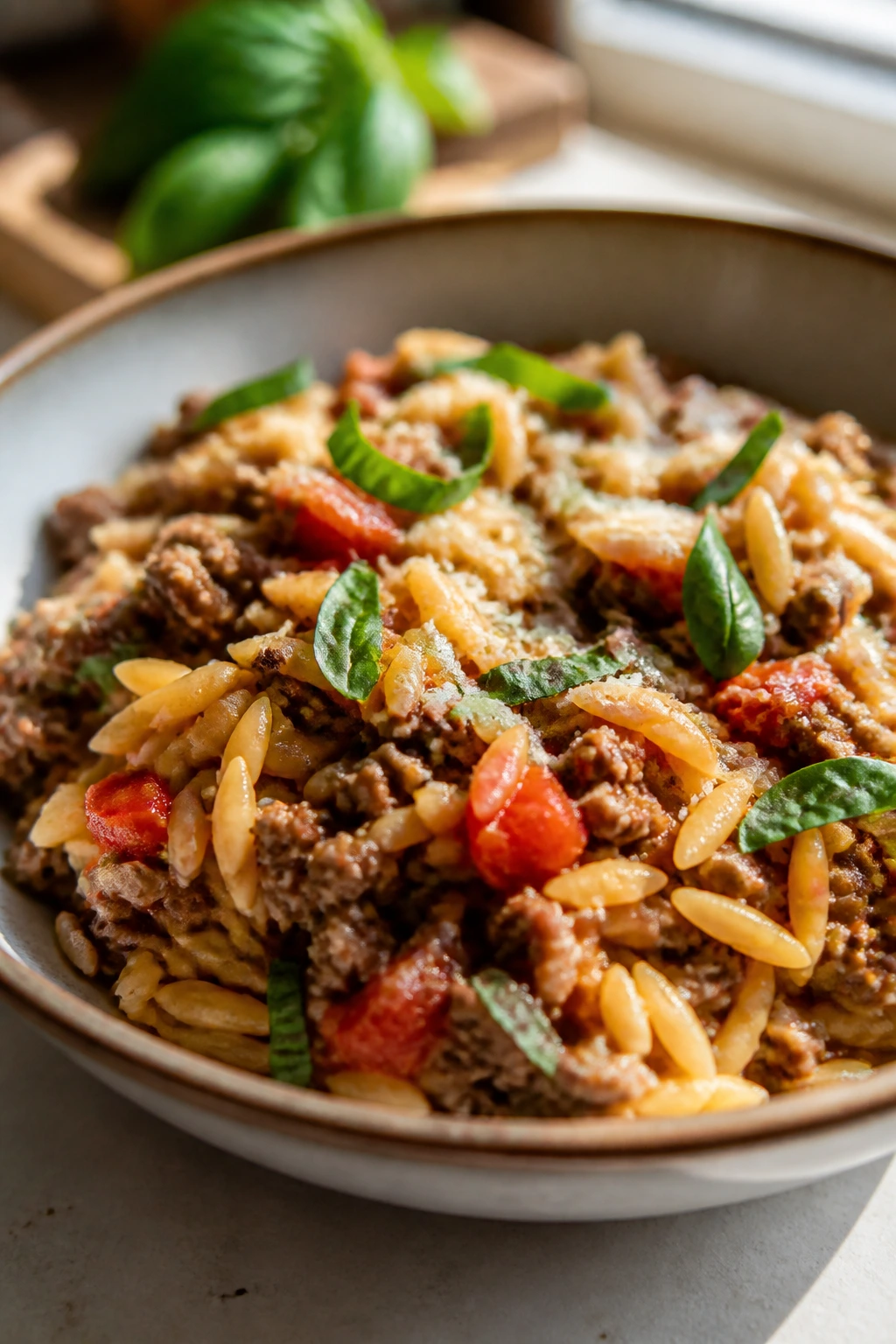 Close-up Tomato-Basil Beef Orzo with beef, tomatoes, basil, Parmesan