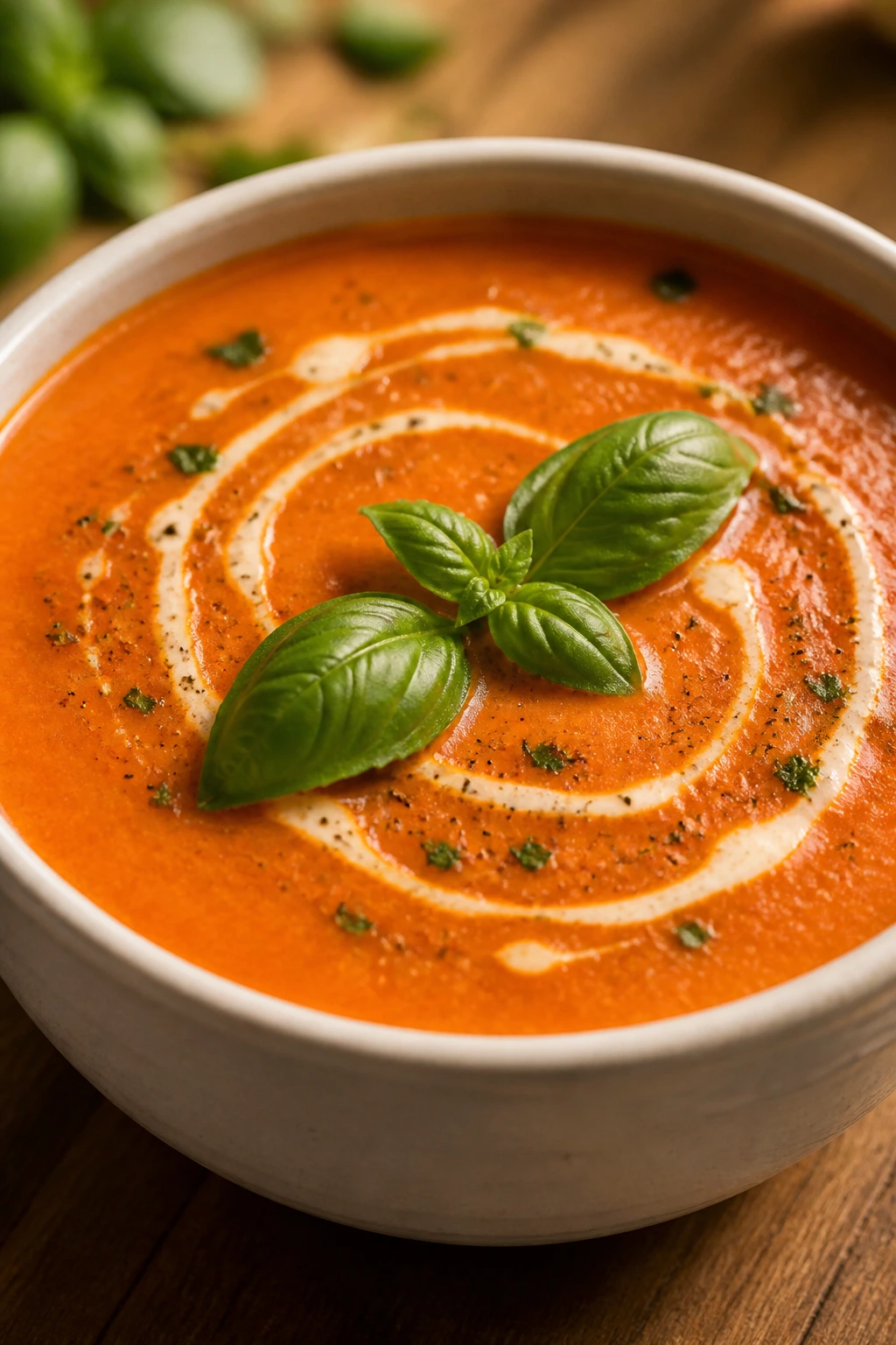 Silky tomato basil bisque in a bowl with cream swirl