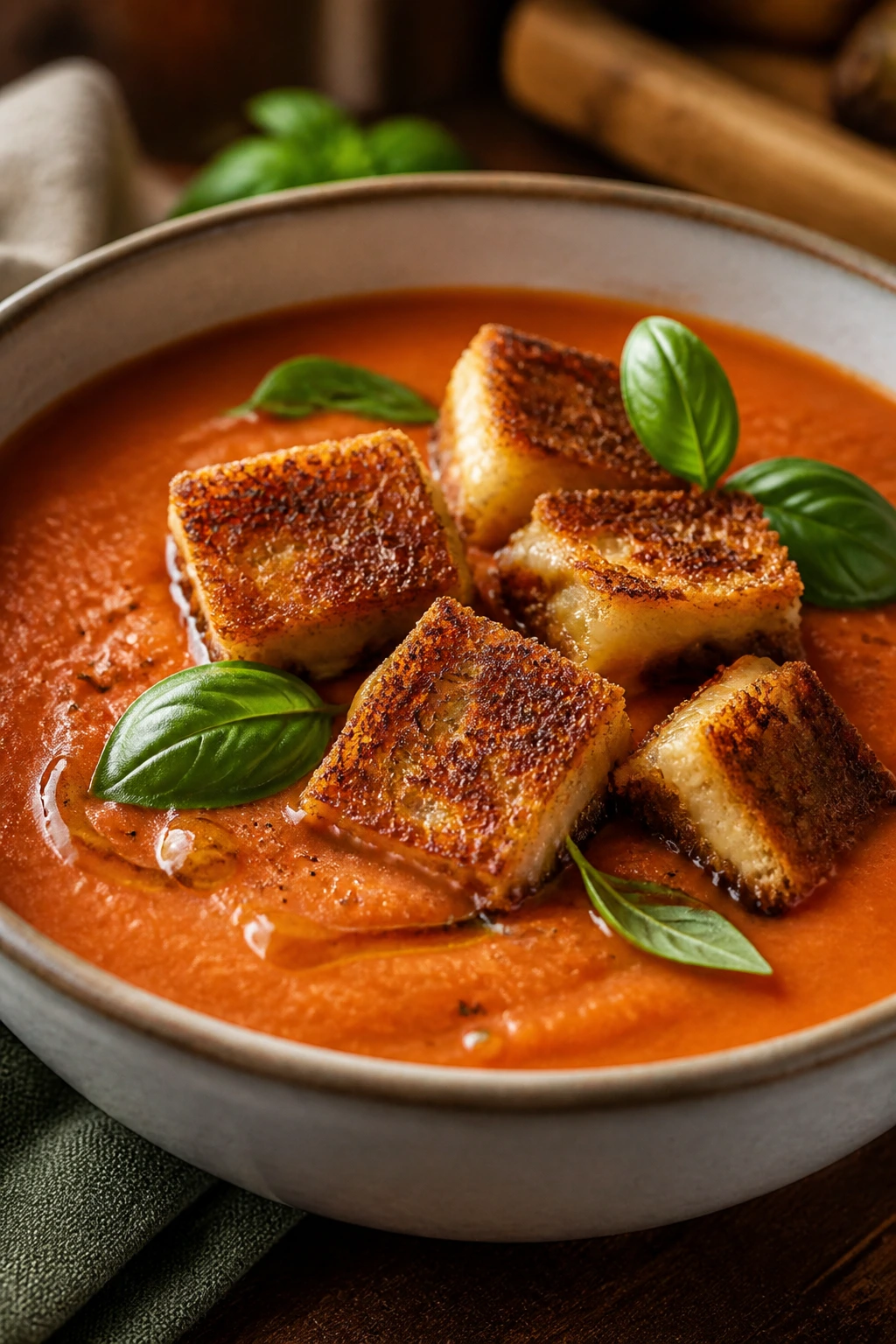 Velvety tomato basil bisque topped with grilled cheese croutons.