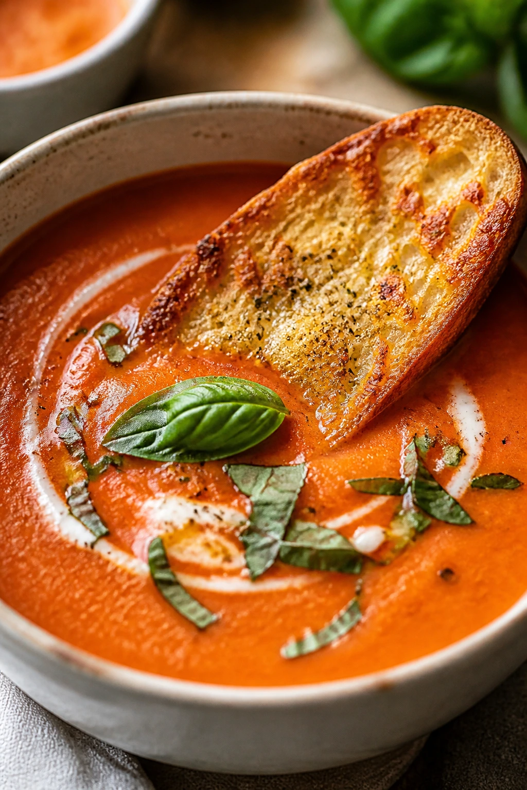 Close-up of tomato basil bisque with parmesan toast in a bowl.