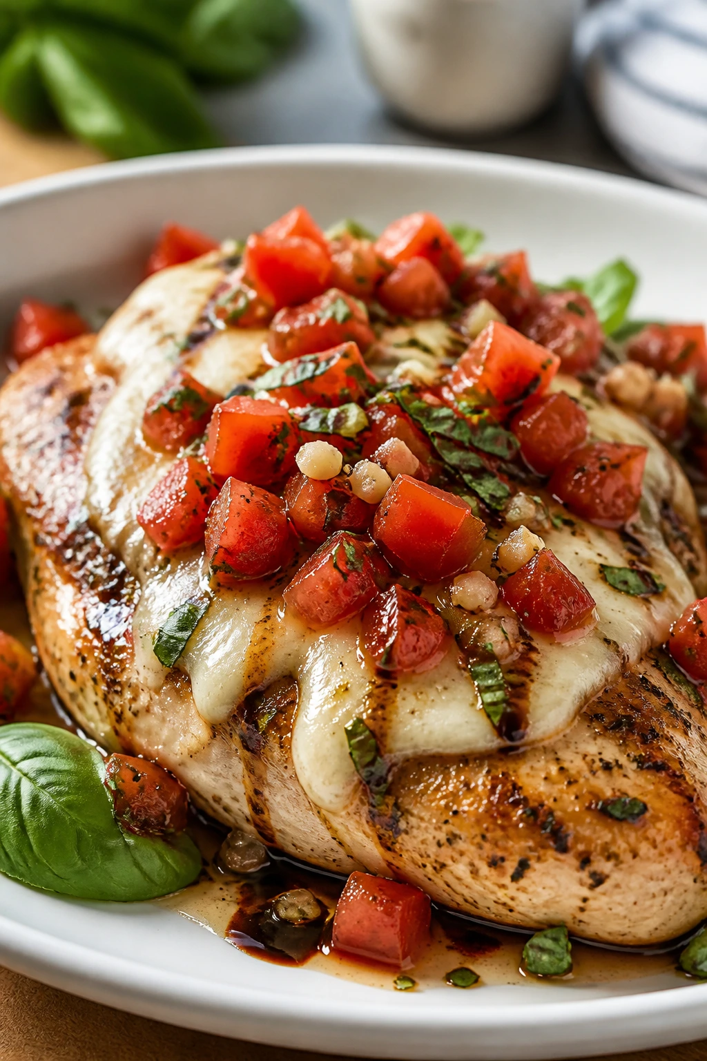 Close-up of tomato basil bruschetta chicken with mozzarella