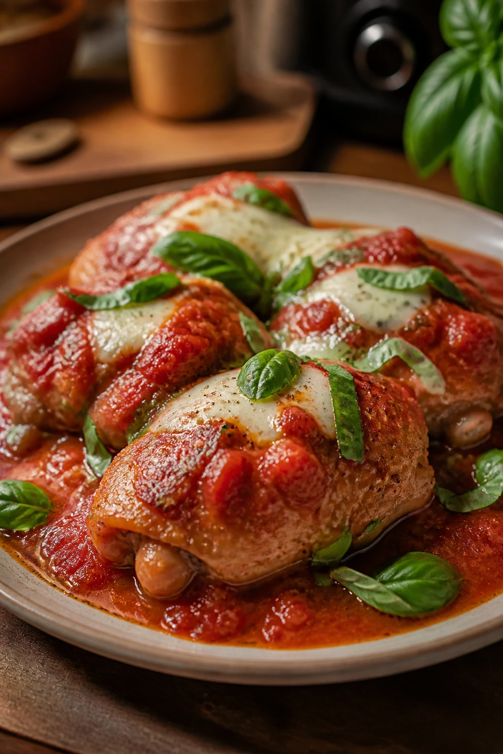 Close-up of Tomato Basil Chicken in tomato sauce with fresh basil