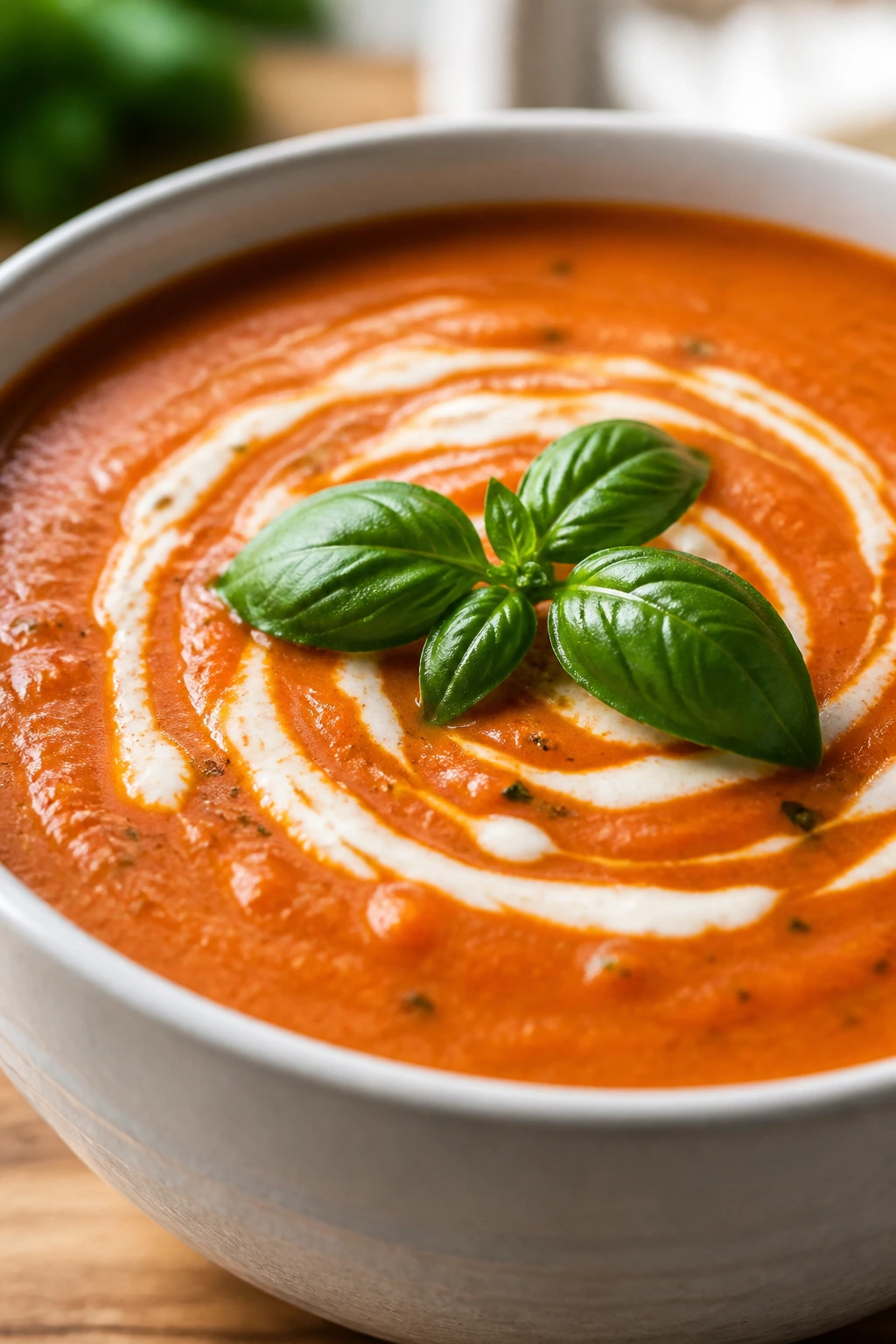 Creamy tomato basil soup in a white bowl with cream swirl