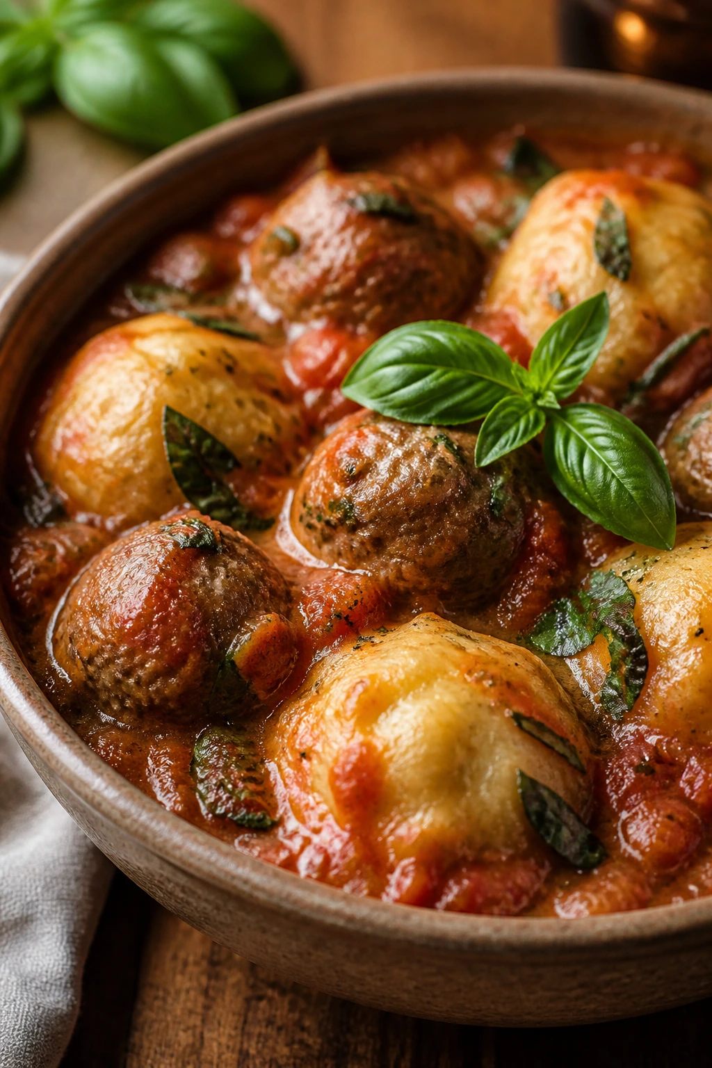 Close-up of tomato-basil meatball dumplings in red sauce, warm kitchen setting.