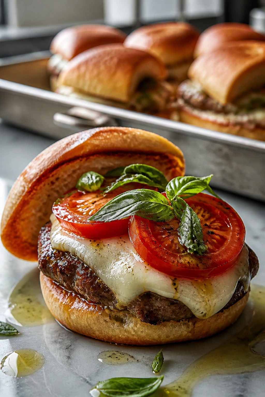Close-up of Tomato Basil Mozzarella Sliders with tomato mozzarella and basil