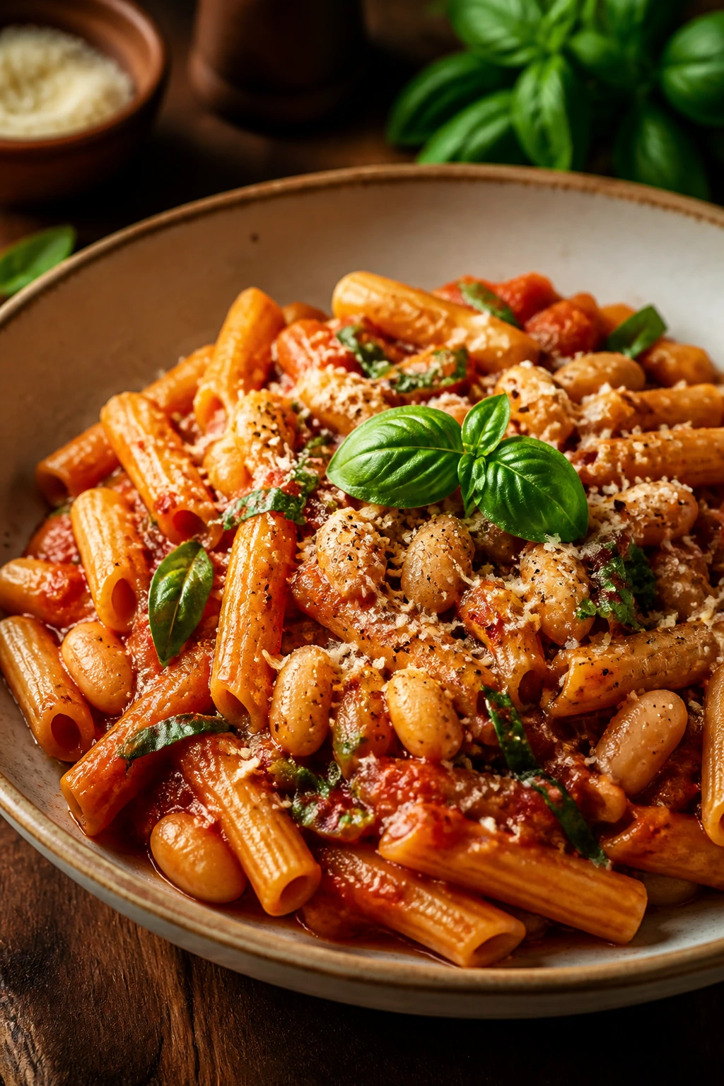 Plate of pasta with tomato sauce, white beans, and basil