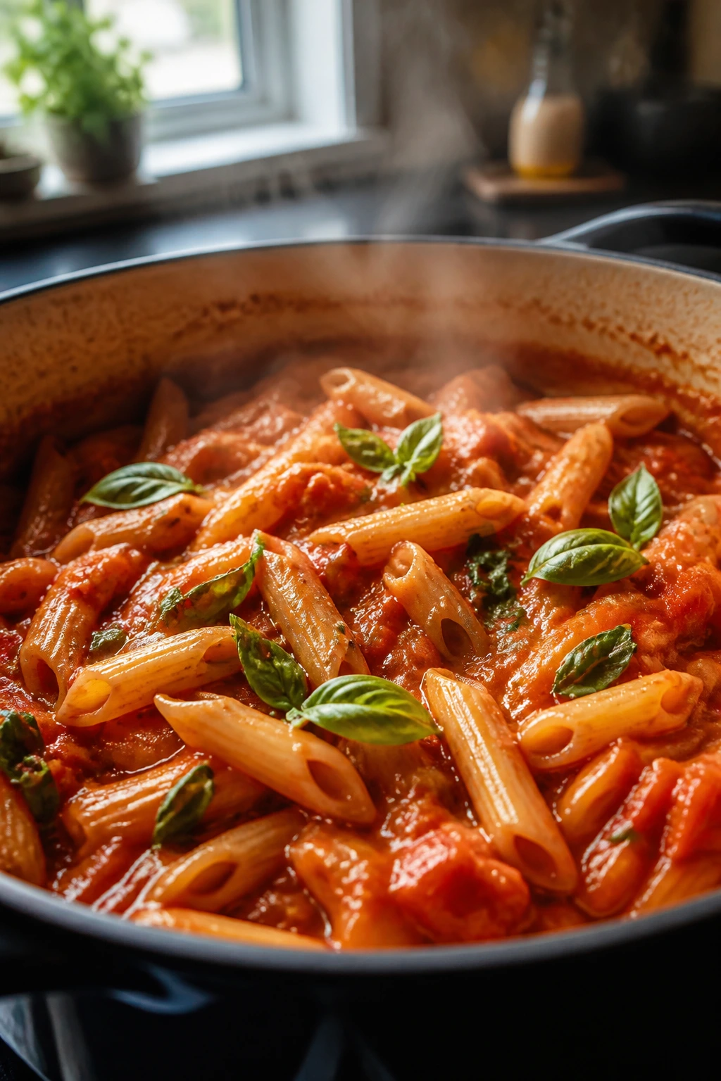 One-pot tomato basil pasta in a pot with basil garnish