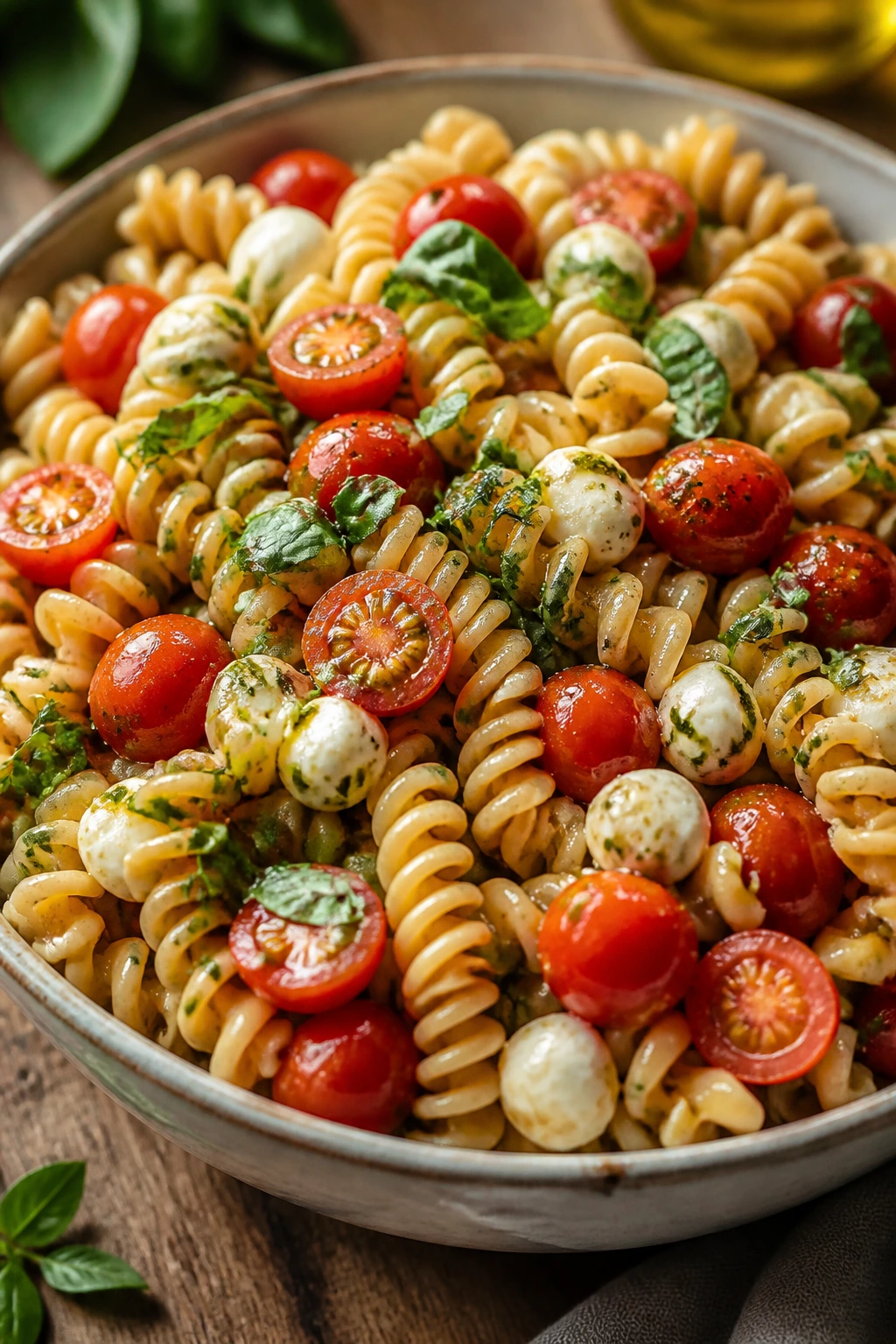 Pasta salad with tomatoes, mozzarella, and basil on a rustic table