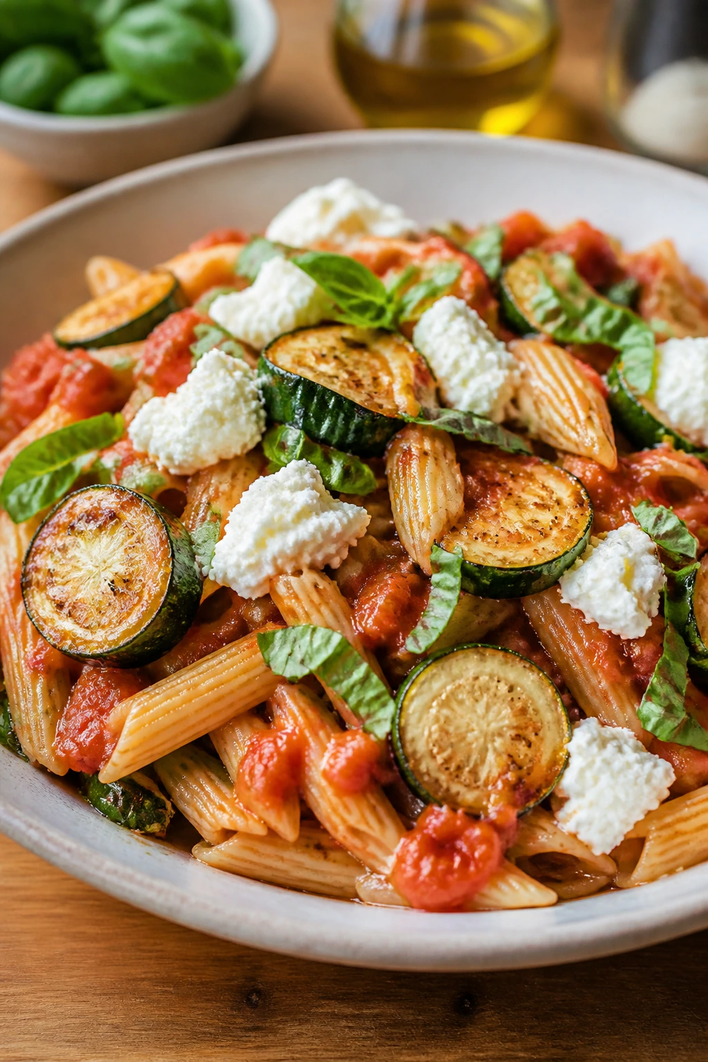 Close-up of tomato basil pasta with roasted zucchini and ricotta on a plate