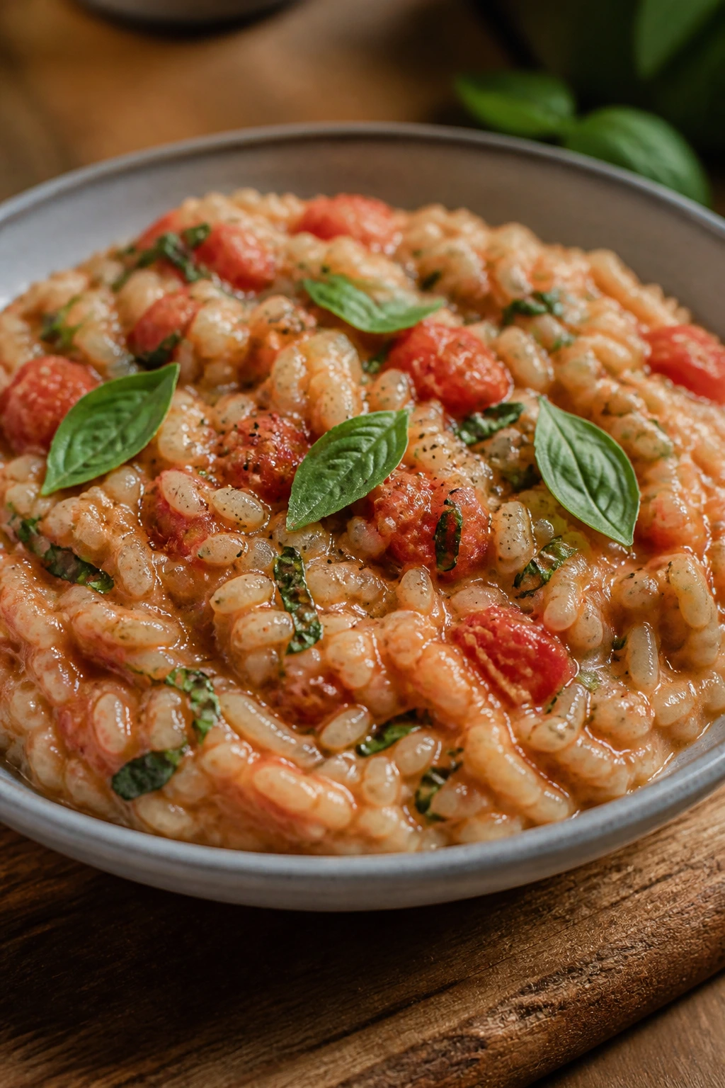 Creamy tomato basil risotto in a bowl with basil garnish.