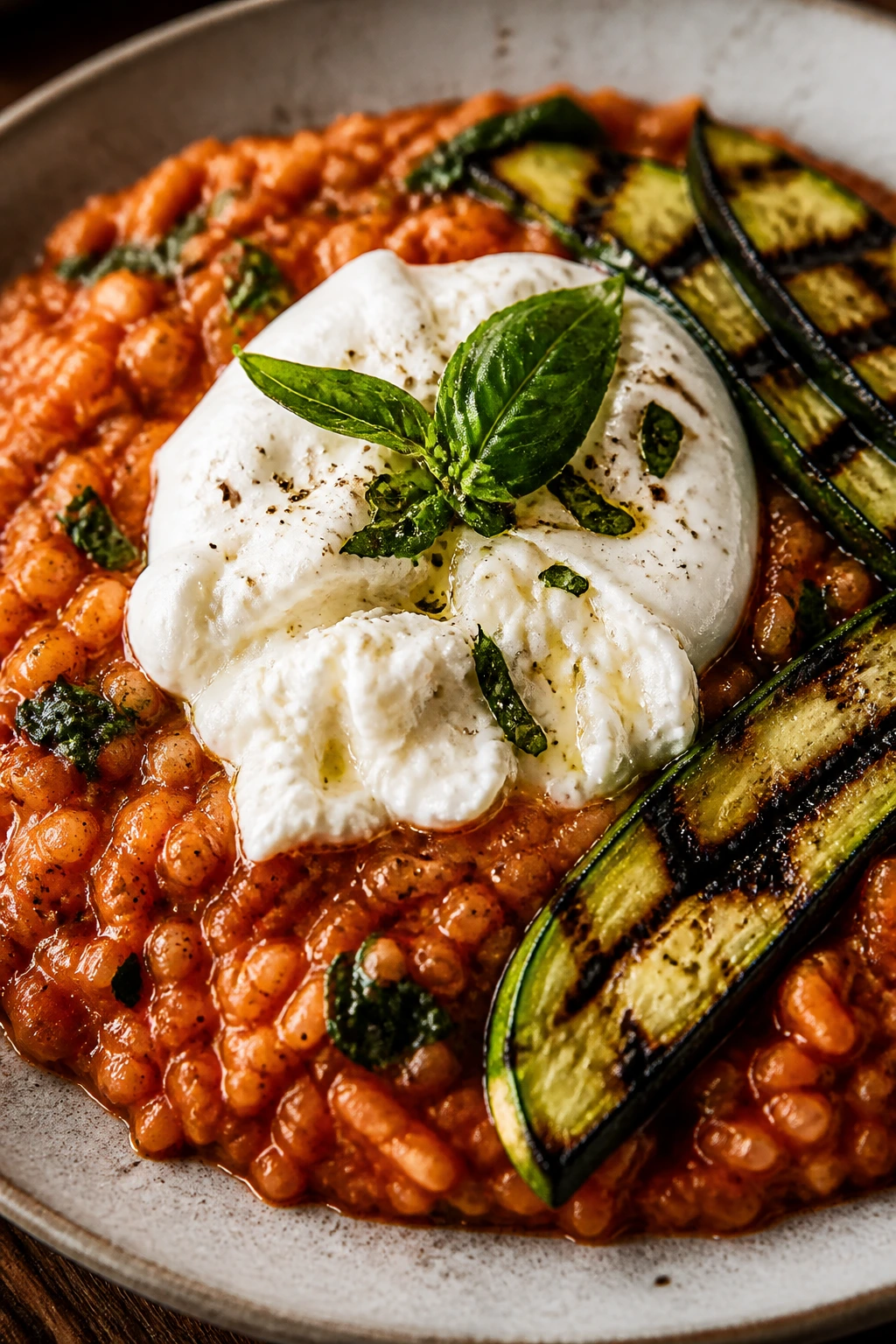 Close-up of tomato-basil risotto with burrata