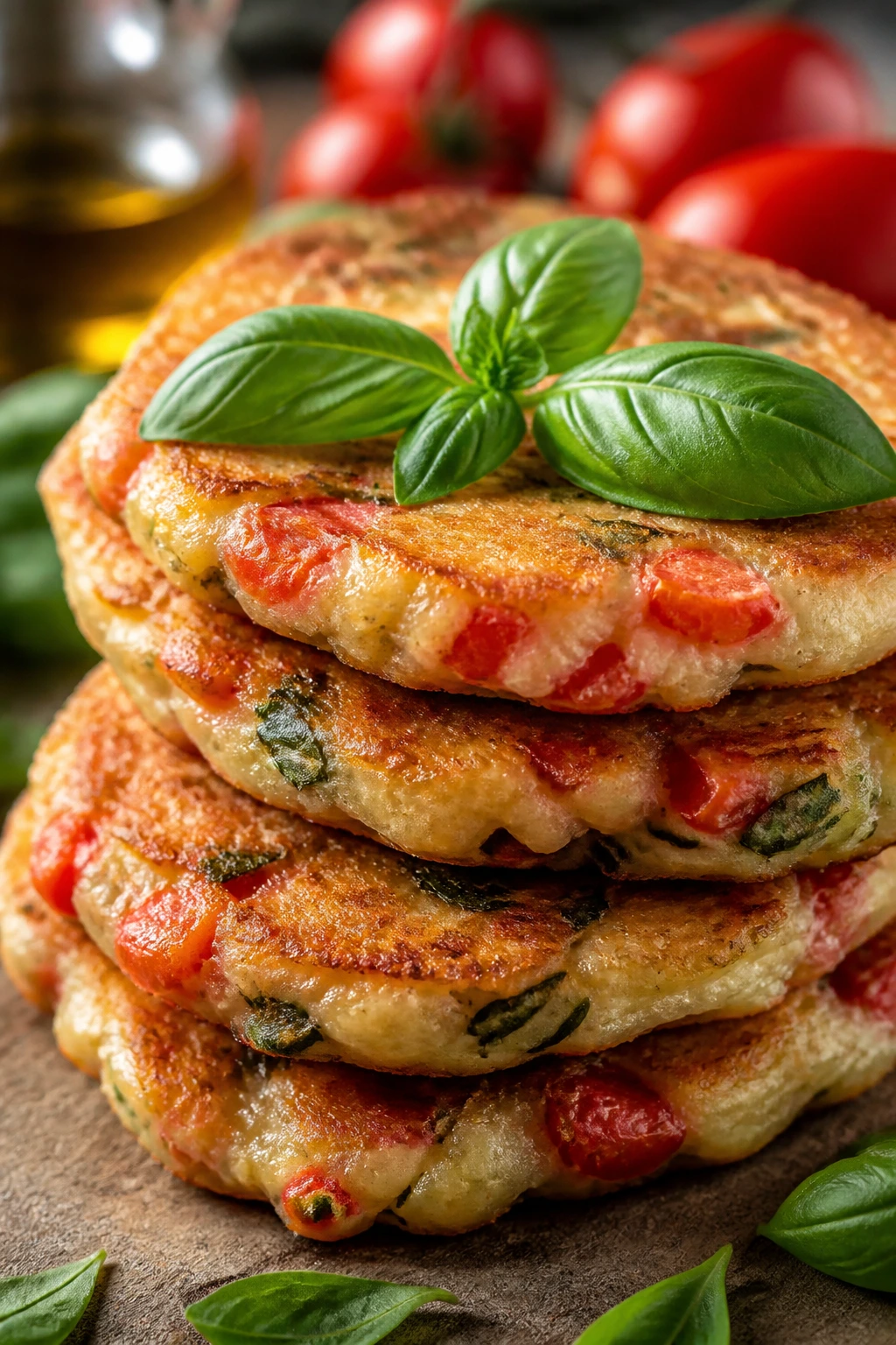 Close-up of Tomato Basil Savory Pancakes with tomatoes and basil