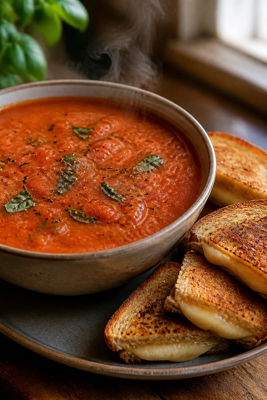Steaming tomato basil soup in a rustic bowl with a grilled cheese on the side